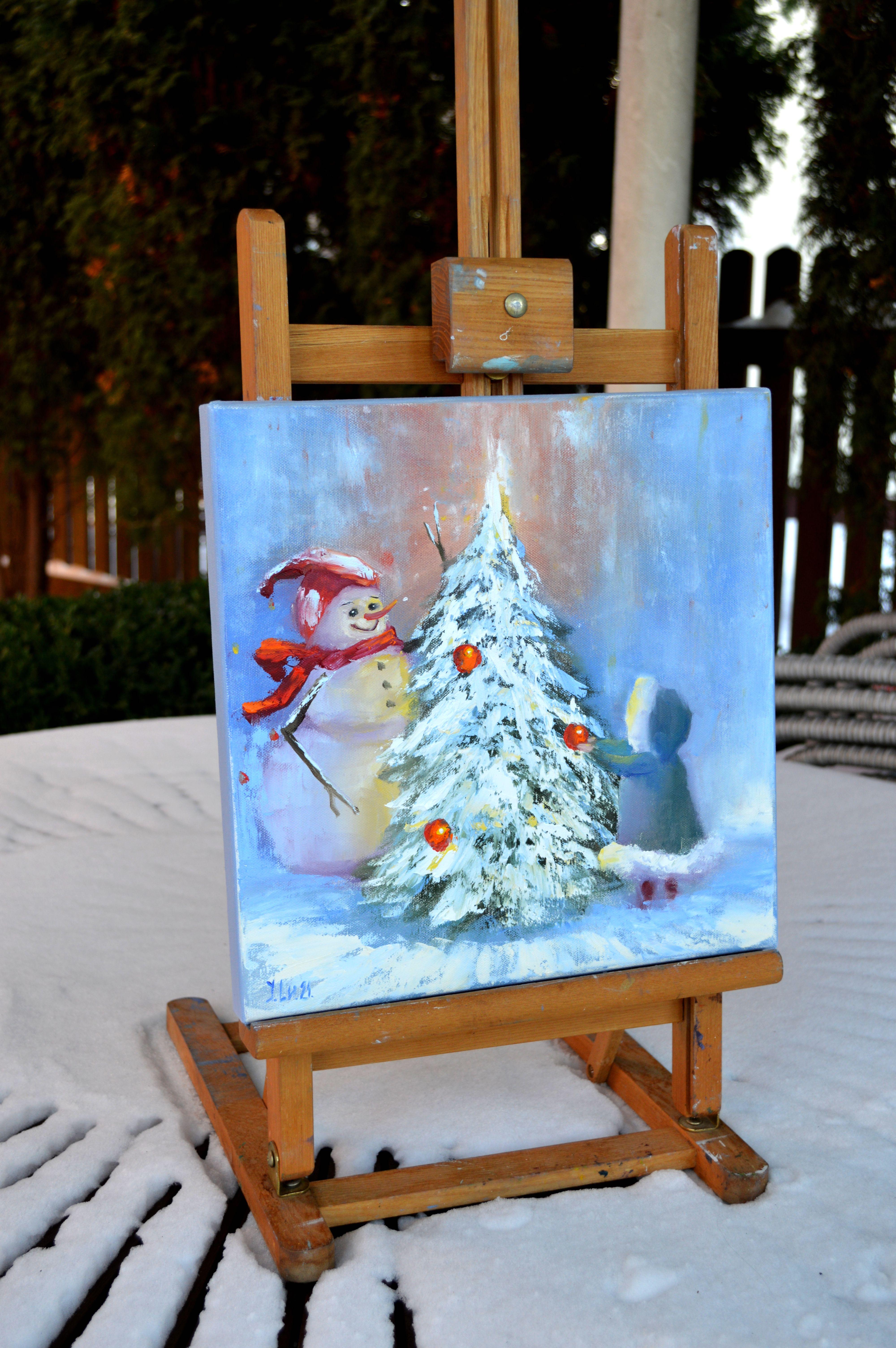 In my creation, I've captured the essence of holiday delight. Through the vibrant strokes of oil, I've woven a tale of innocence and joy. The snowman, adorned with a playful red scarf, embodies the pure spirit of winter fun, while the child, poised