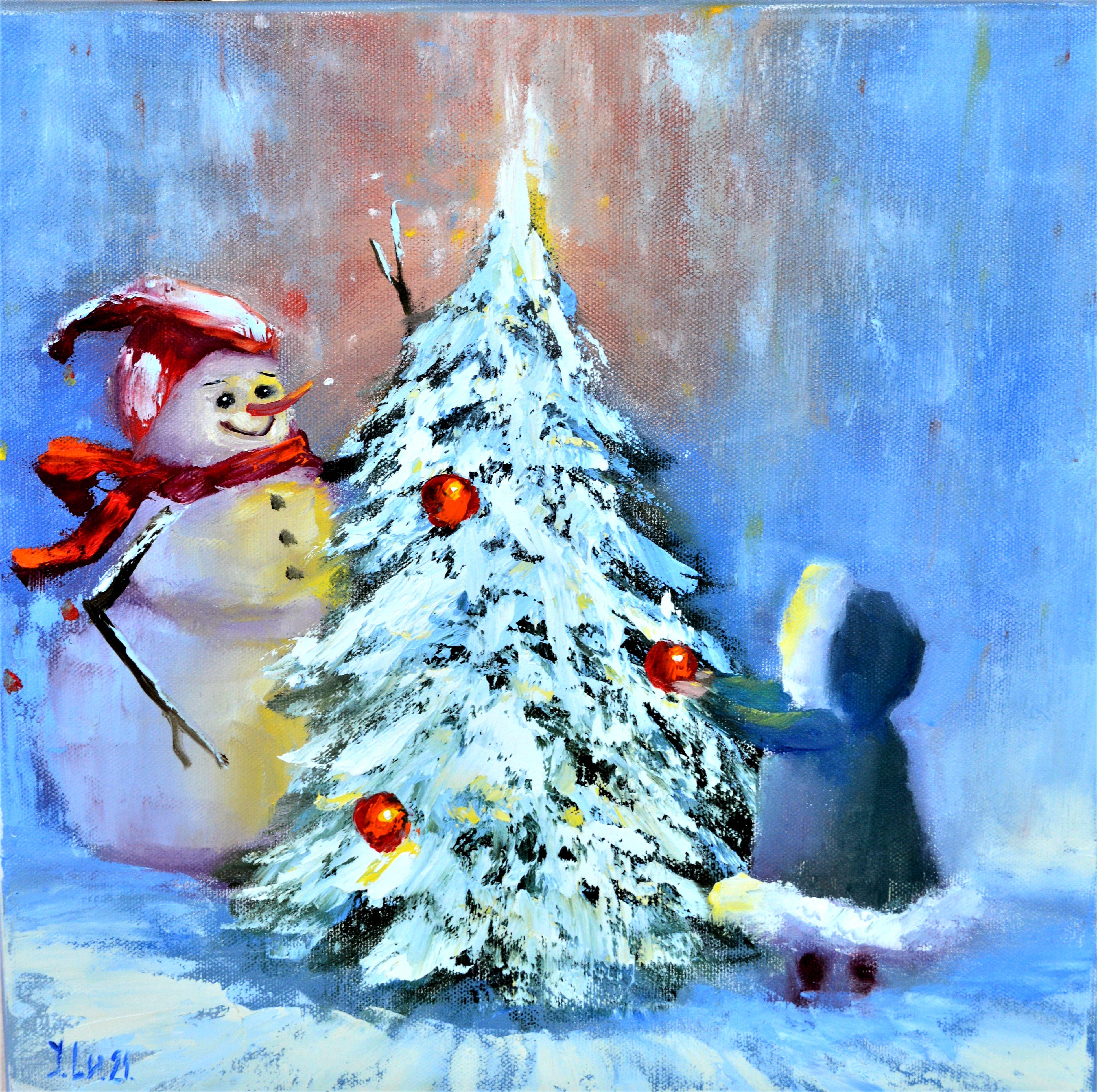 Elena Lukina Figurative Painting - Light the Christmas Tree! 30X30
