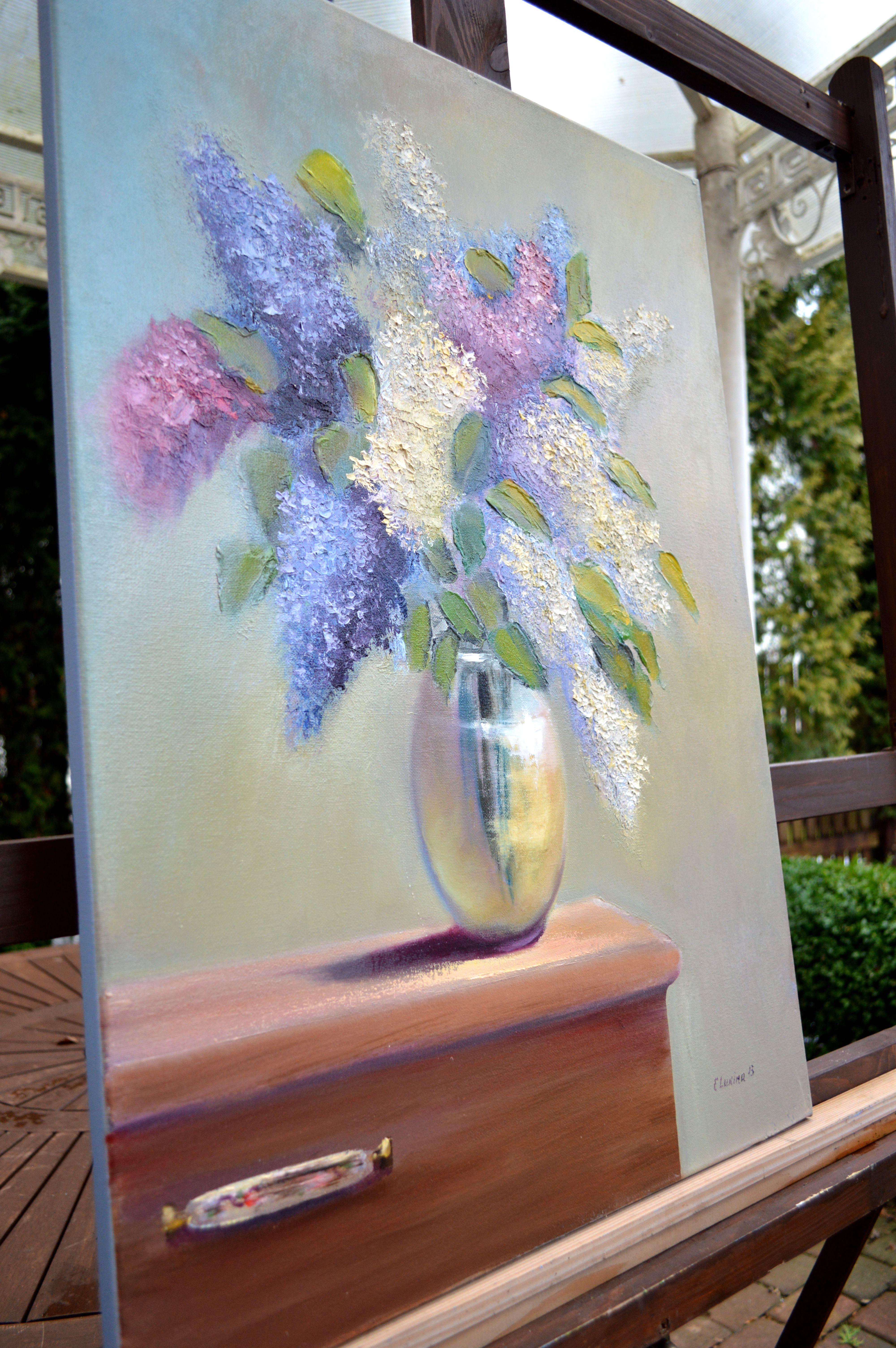 Lilac on the chest of drawers - Expressionist Painting by Elena Lukina