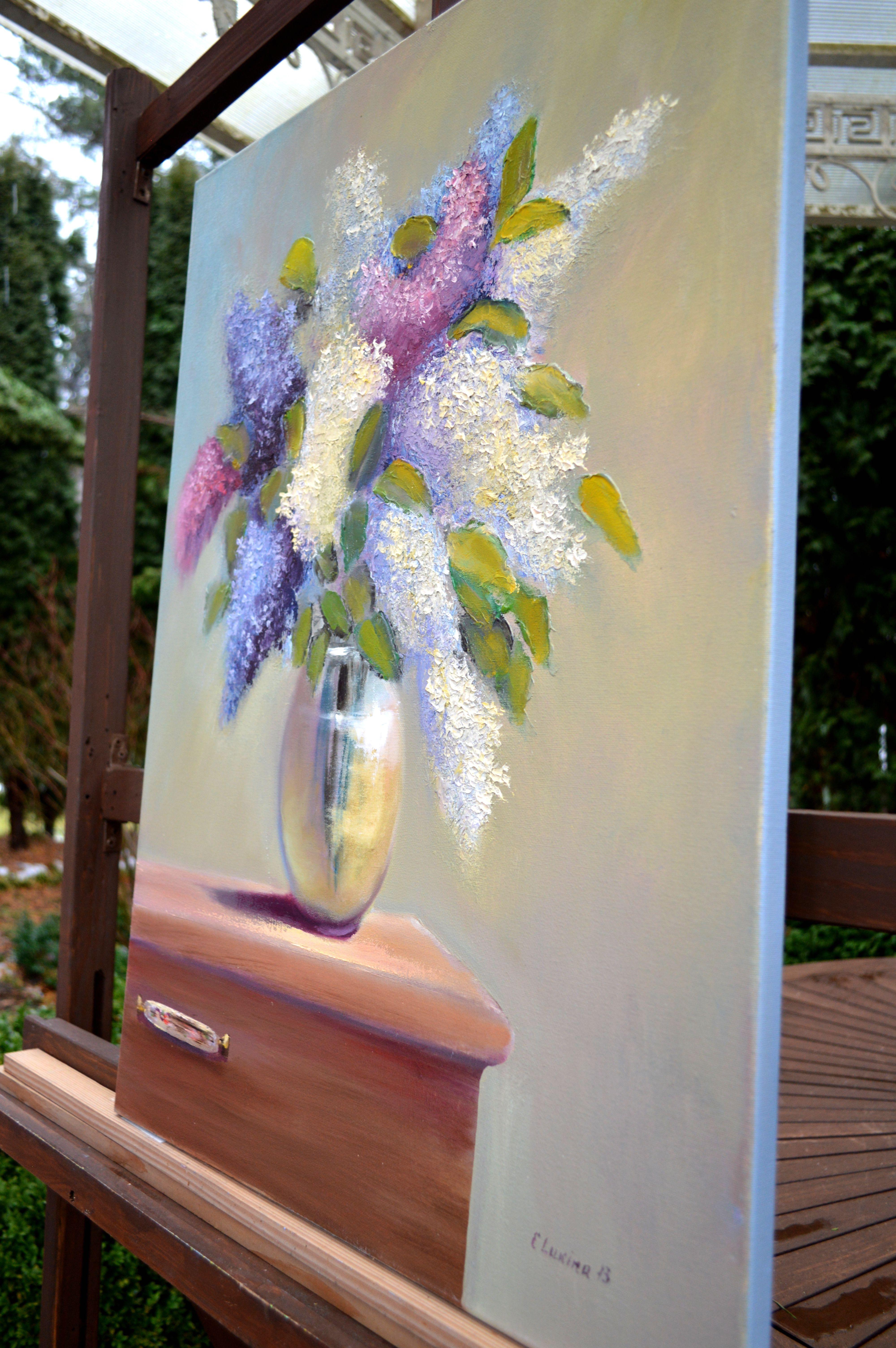 Lilac on the chest of drawers - Gray Interior Painting by Elena Lukina