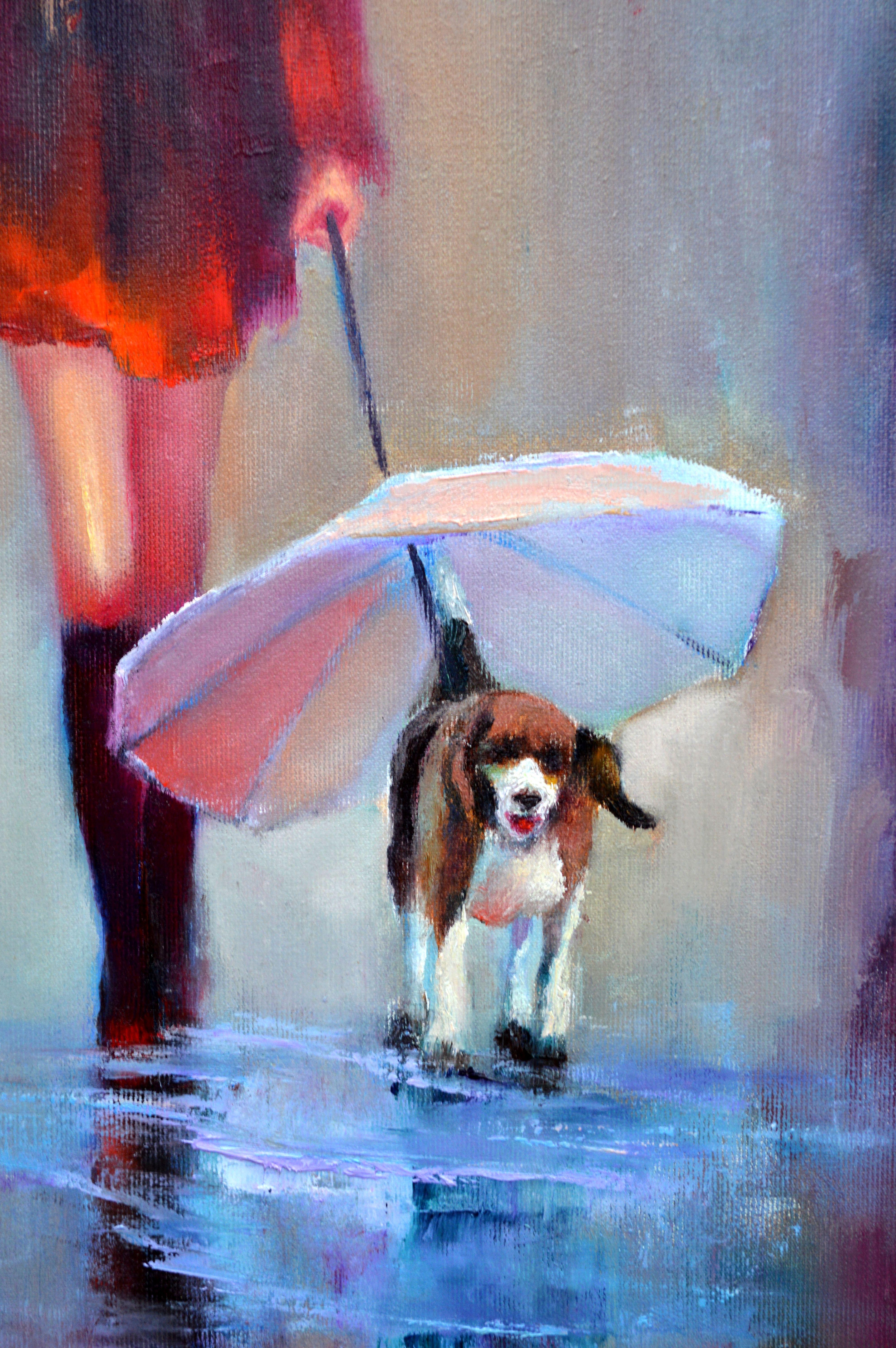 In this oil painting, I've melded expressionism with touches of impressionism and realism to capture a moment of serene companionship amidst nature's downpour. The vivid red umbrella symbolizes a beacon of warmth, while the gentle protective gesture
