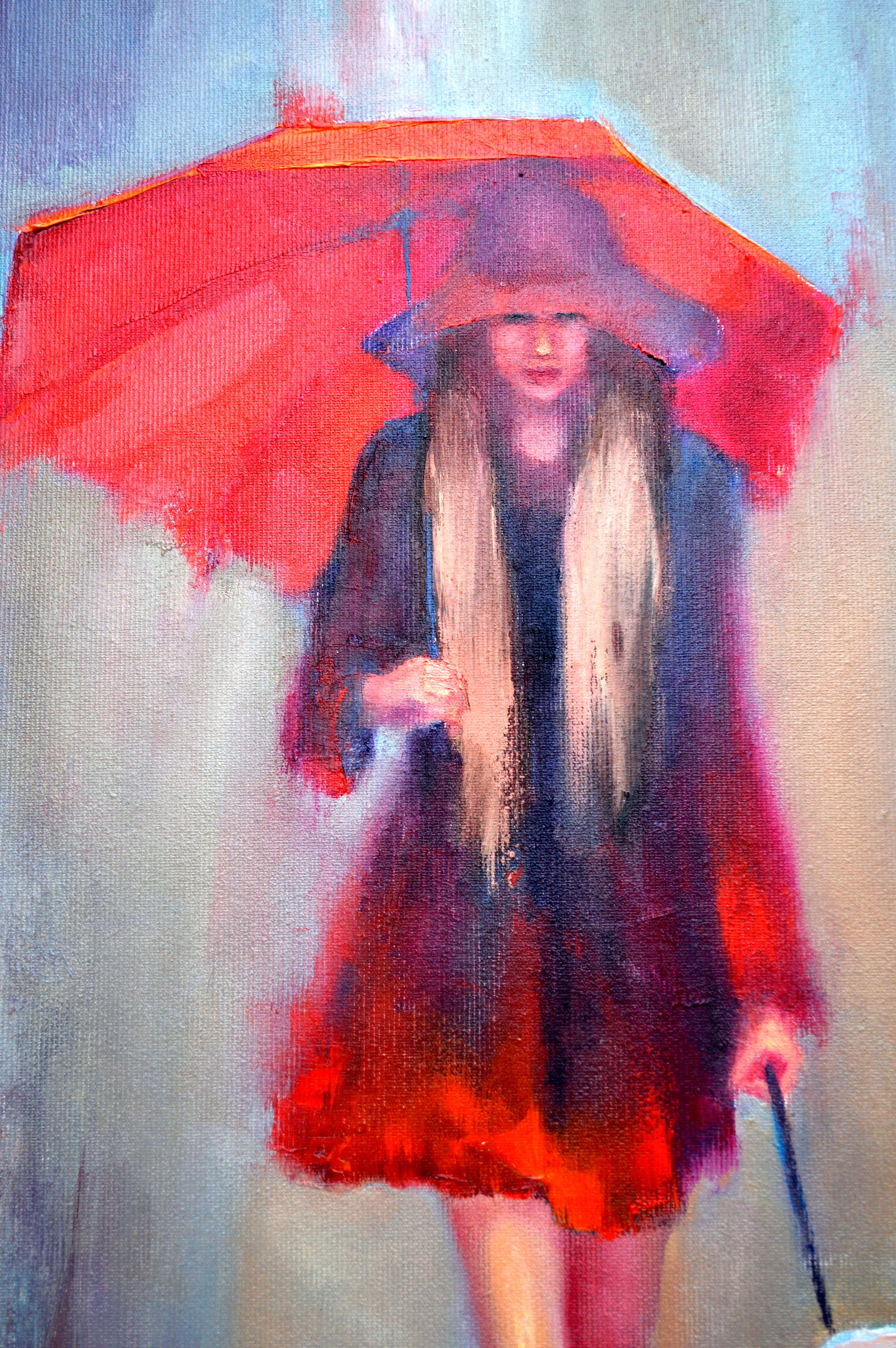 Dans cette peinture à l'huile, j'ai mélangé l'expressionnisme avec des touches d'impressionnisme et de réalisme pour capturer un moment de compagnie sereine au milieu de l'averse de la nature. Le parapluie rouge vif symbolise un rayon de chaleur,