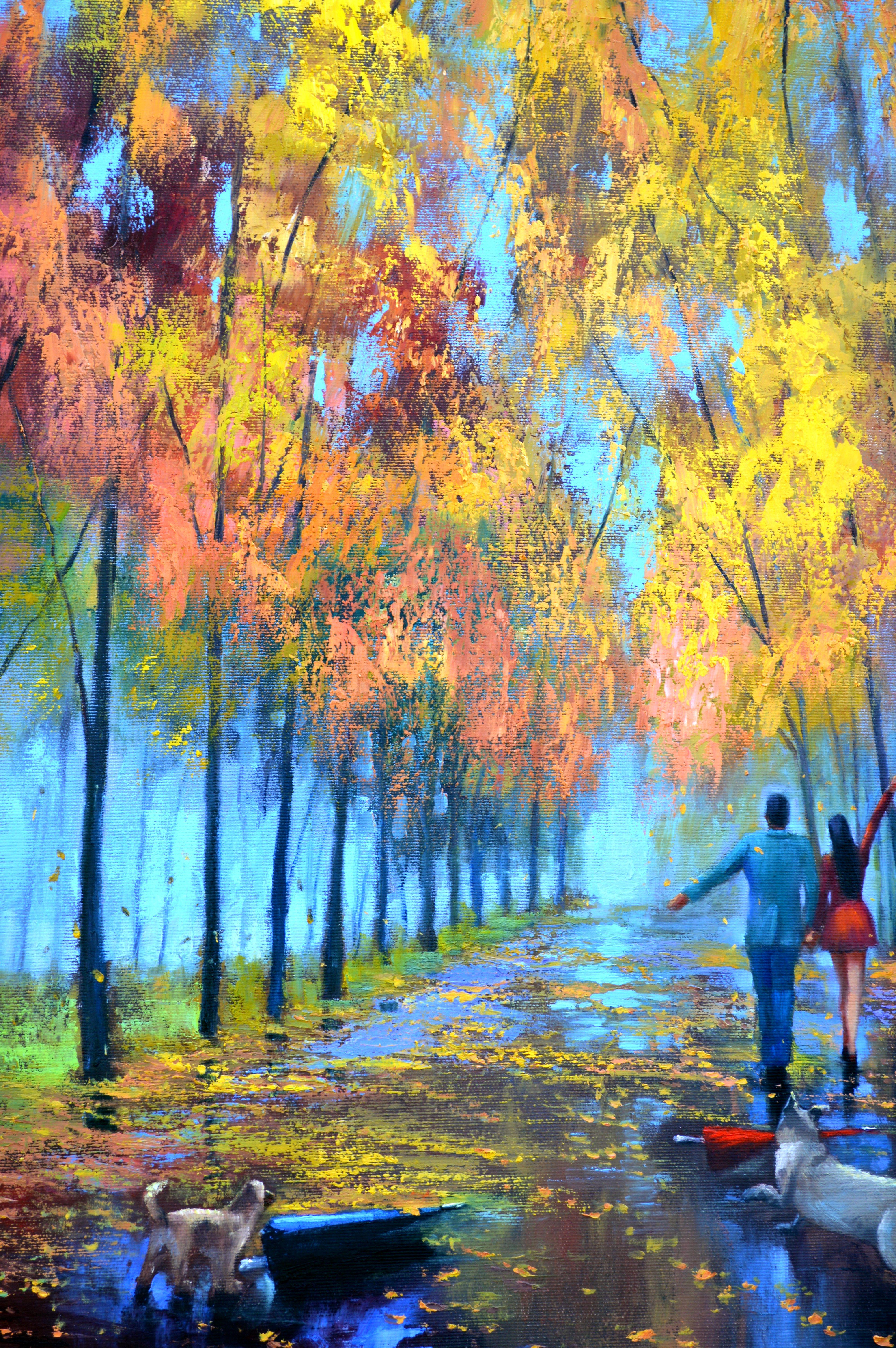 In diesem Ölgemälde habe ich den Expressionismus mit impressionistischen Anklängen verbunden, um den ruhigen Spaziergang eines Paares unter einem leuchtenden herbstlichen Blätterdach festzuhalten. Der Realismus des nassen Weges spiegelt die Reisen