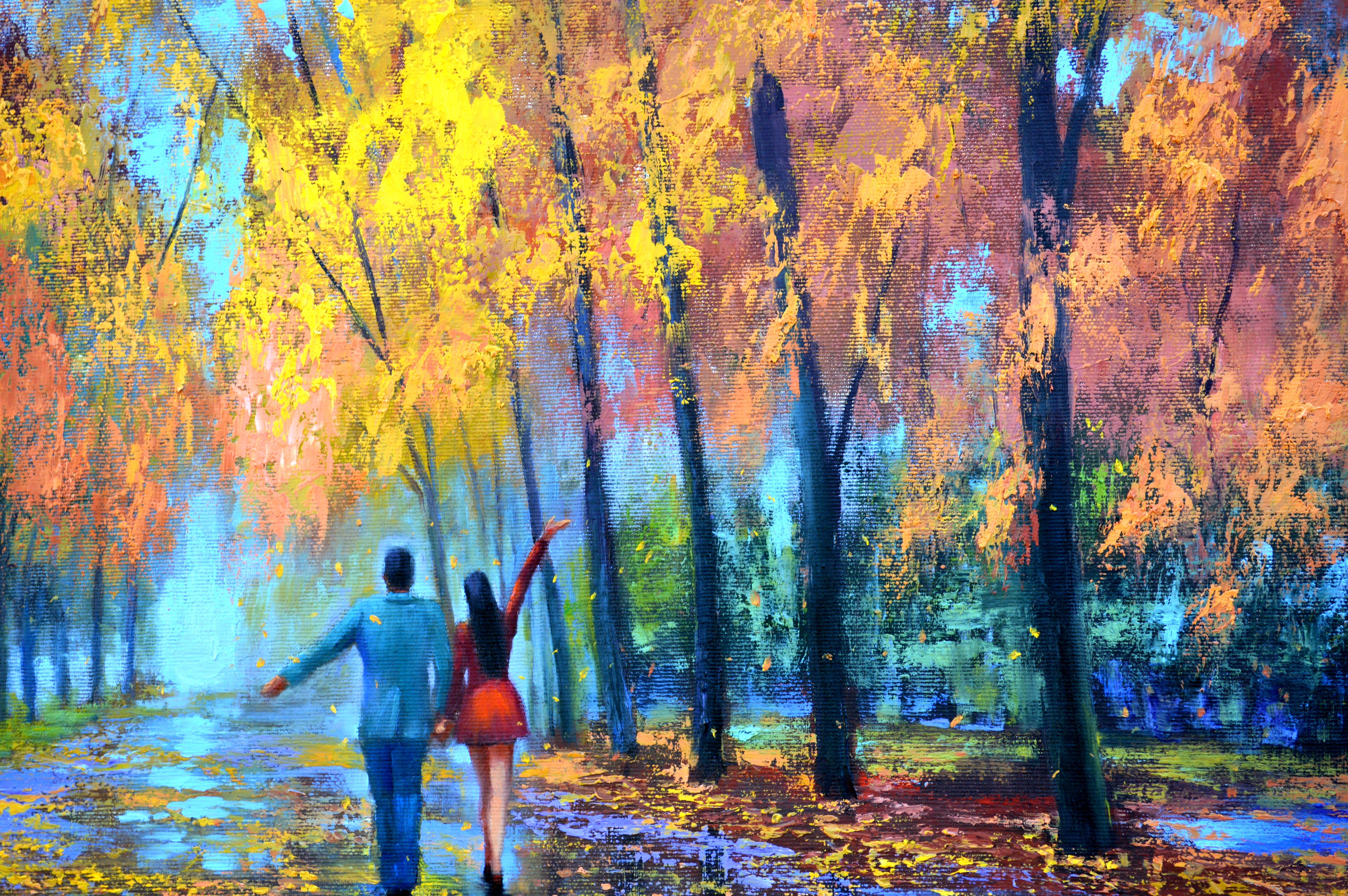 In this oil painting, I've intertwined expressionism with impressionist touches to capture a couple's serene walk under a vibrantly hued autumnal canopy. The realism of the wet path reflects life's journeys, while the fine art style enhances the