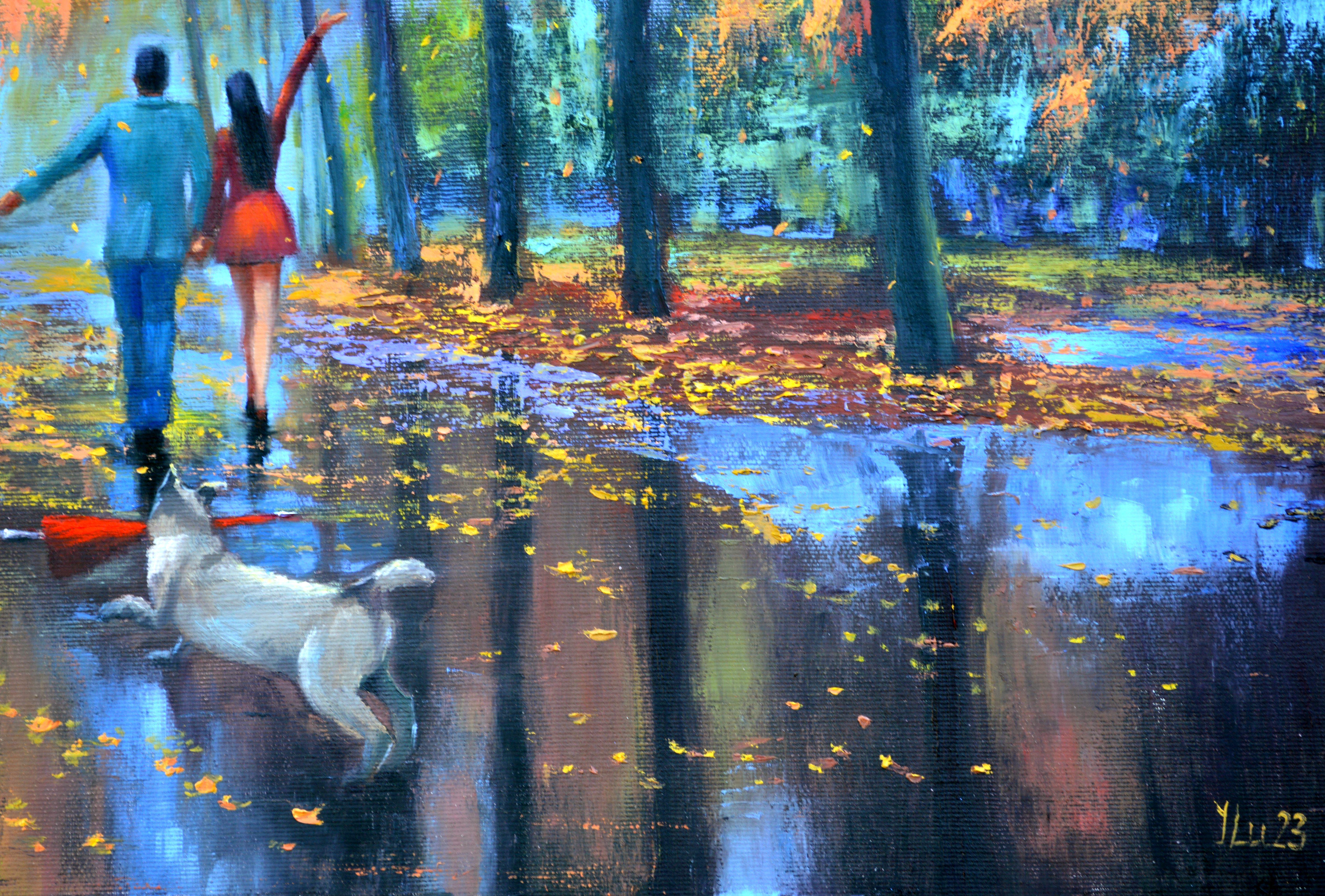 Amour et Umbrella 60X80 peinture à l'huile en vente 2