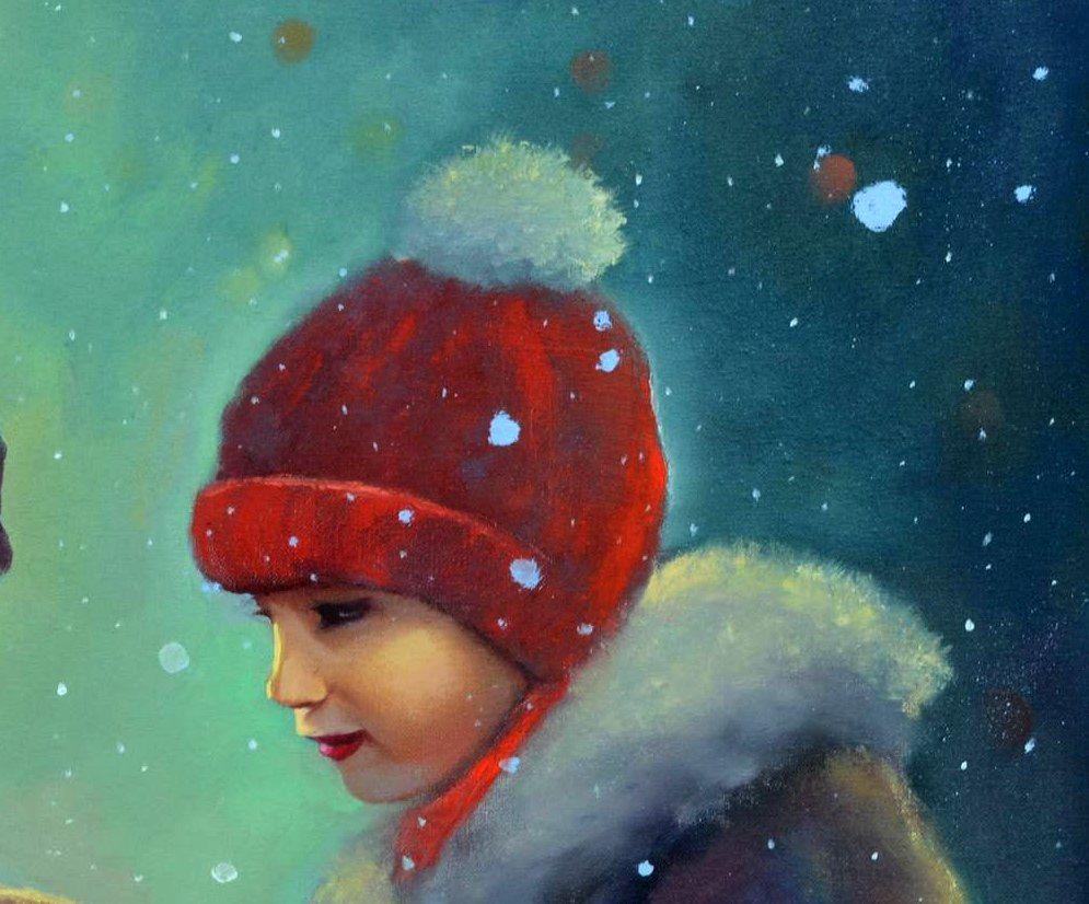 In questo dipinto a olio ho approfondito il tenero legame tra Nature e infanzia. Il modo in cui il bambino e il maestoso animale condividono un momento di conversazione silenziosa in mezzo alla neve che cade dolcemente cattura un senso di meraviglia