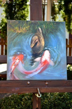"Begegnung am Teich: Silent Dialogue" (2024) - Original Öl auf Leinwand von Elena