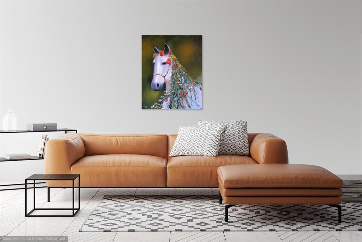 Nel creare questo pezzo, mi sono immersa nella presenza spirituale della forma equina, decorandola con elementi della natura per simboleggiare la purezza e il rinnovamento. I mezzi ad olio mi hanno permesso di catturare il delicato gioco di luce e