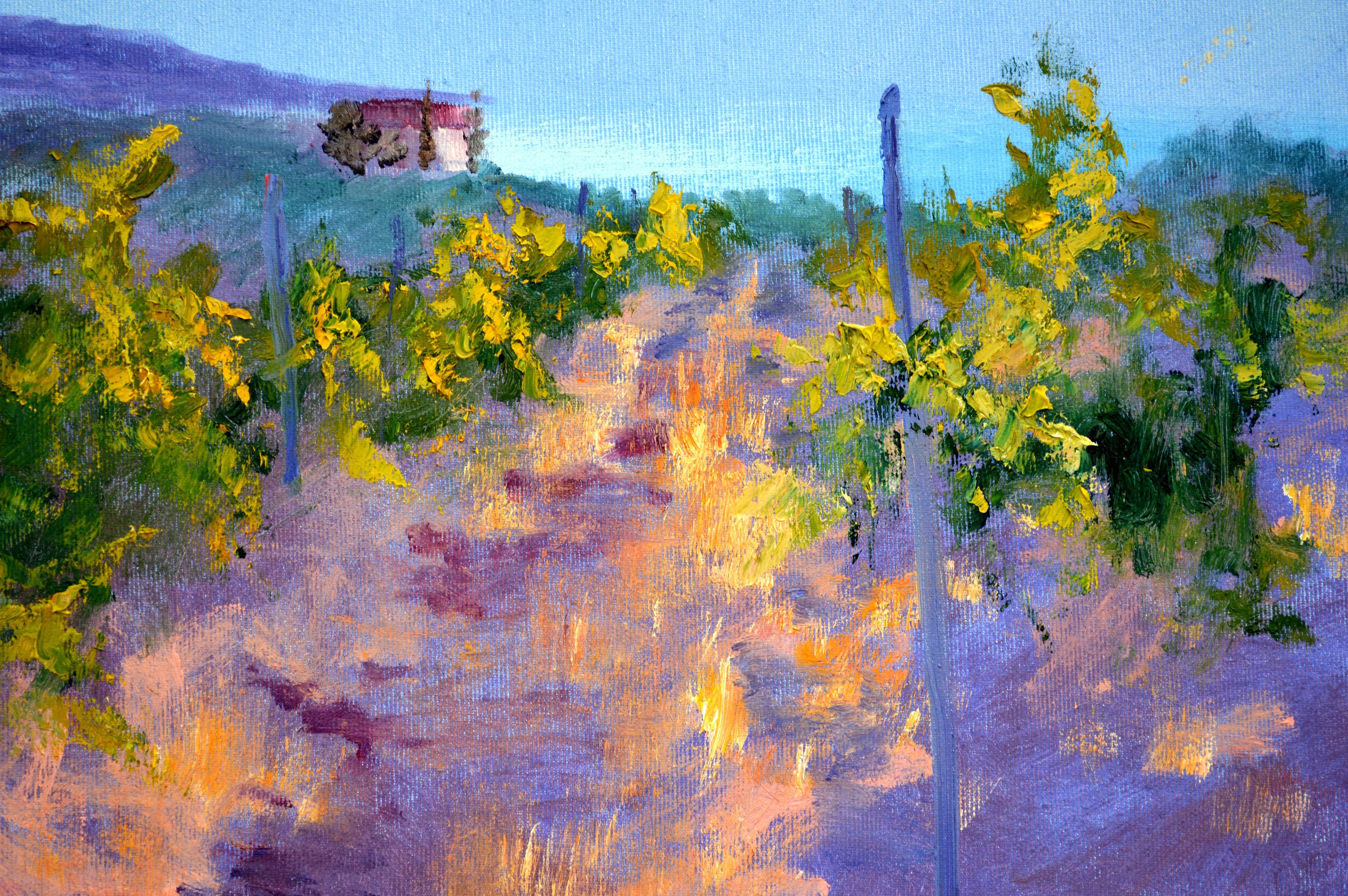 In questo dipinto ho catturato l'energia vibrante di un vigneto illuminato dal sole all'alba, mescolando impressionismo e realismo per evocare calore e rinnovamento. Le tonalità dorate riflettono la luce del mattino, invitando alla tranquillità e