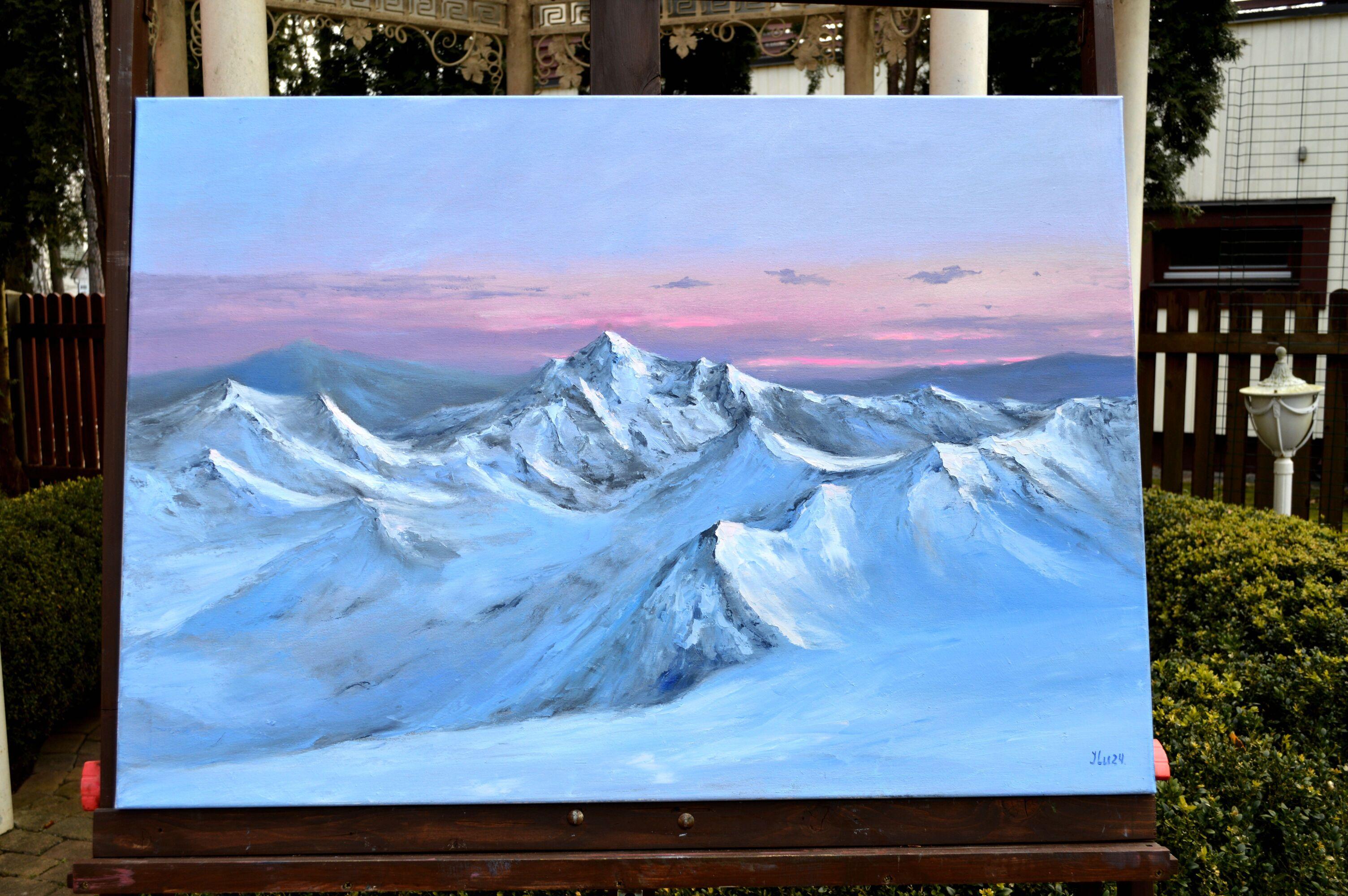 Morning light on snowy peaks - Painting by Elena Lukina
