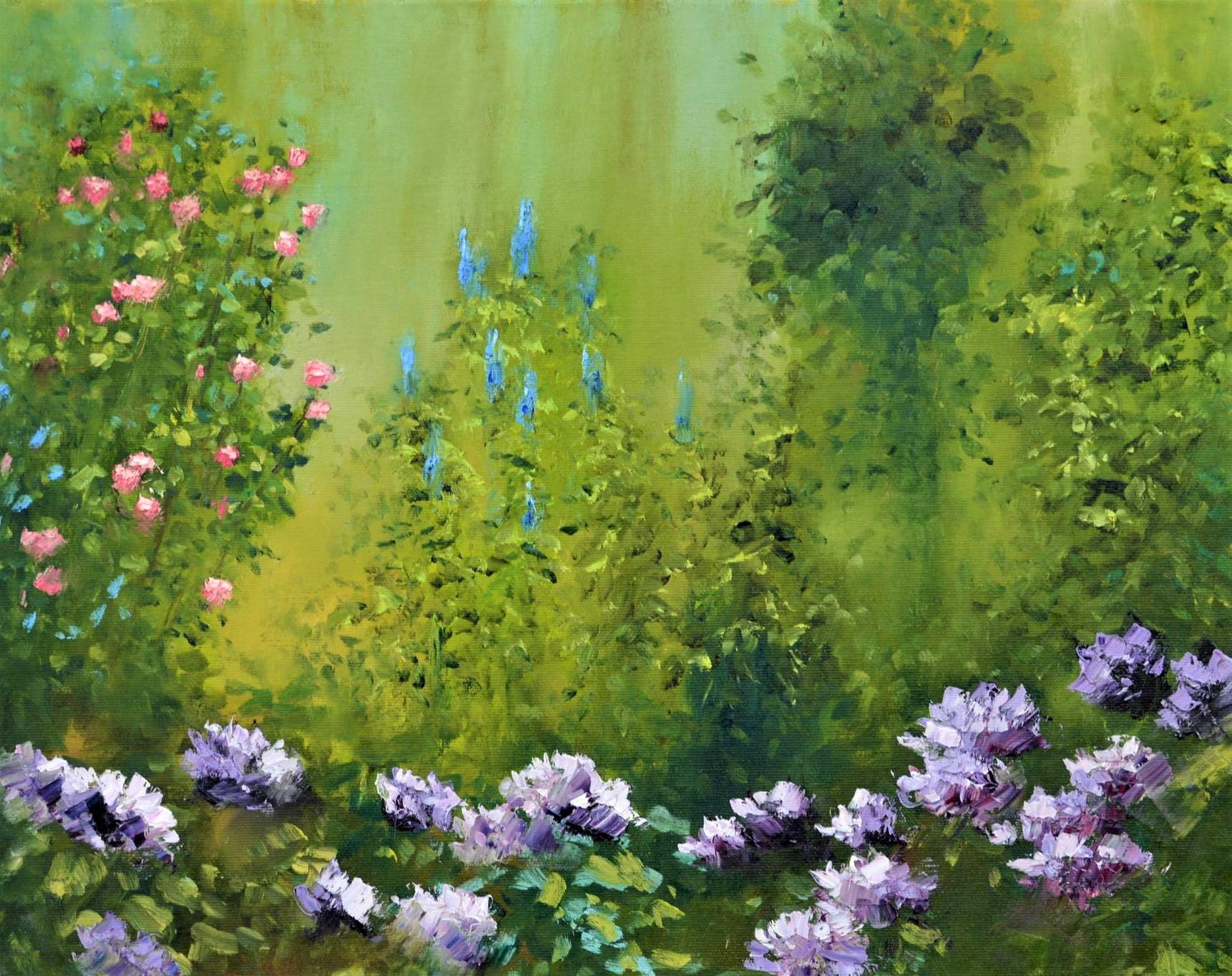 Morning garden with rhododendrons - Expressionist Painting by Elena Lukina