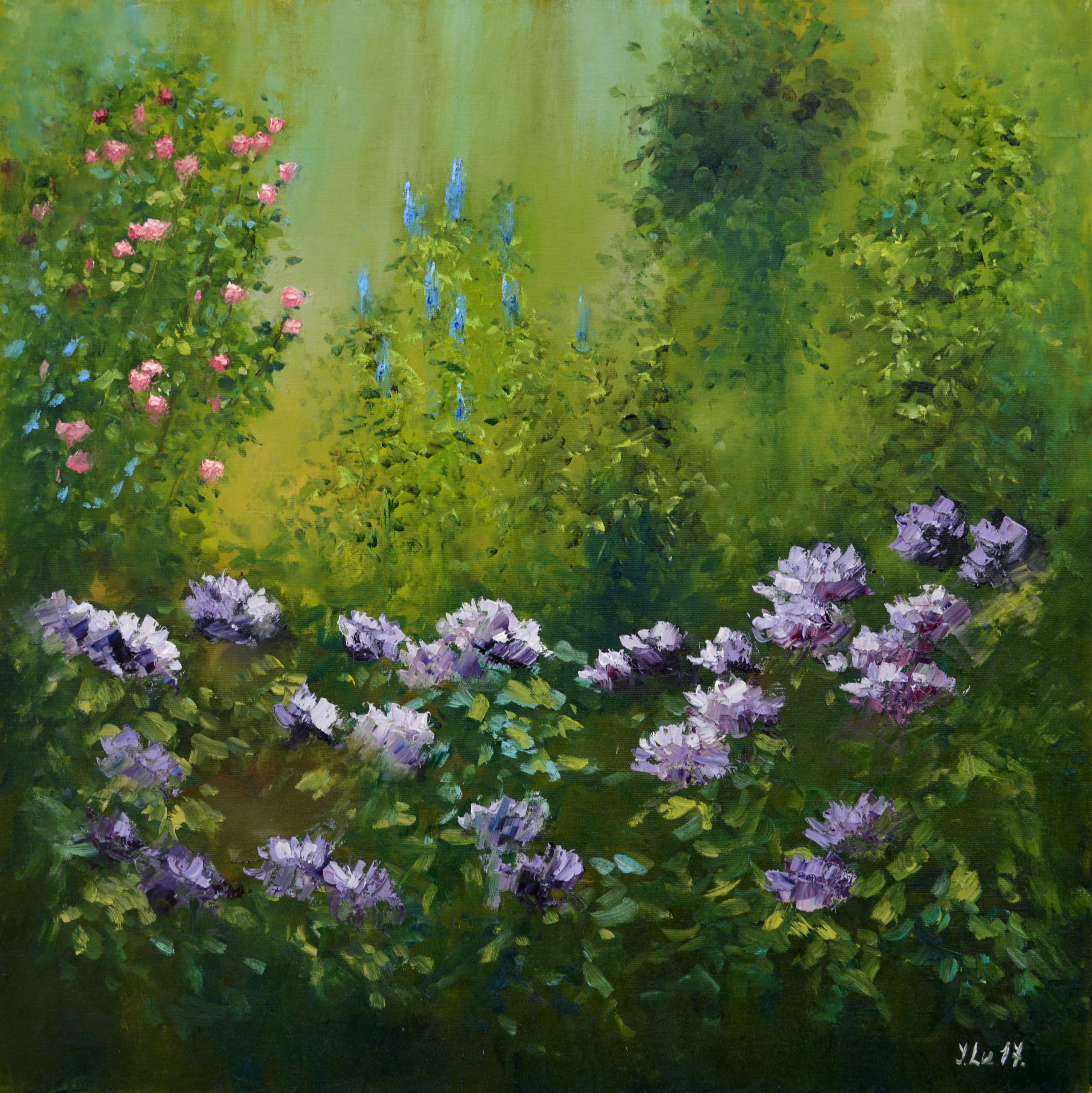 Morning garden with rhododendrons - Green Interior Painting by Elena Lukina