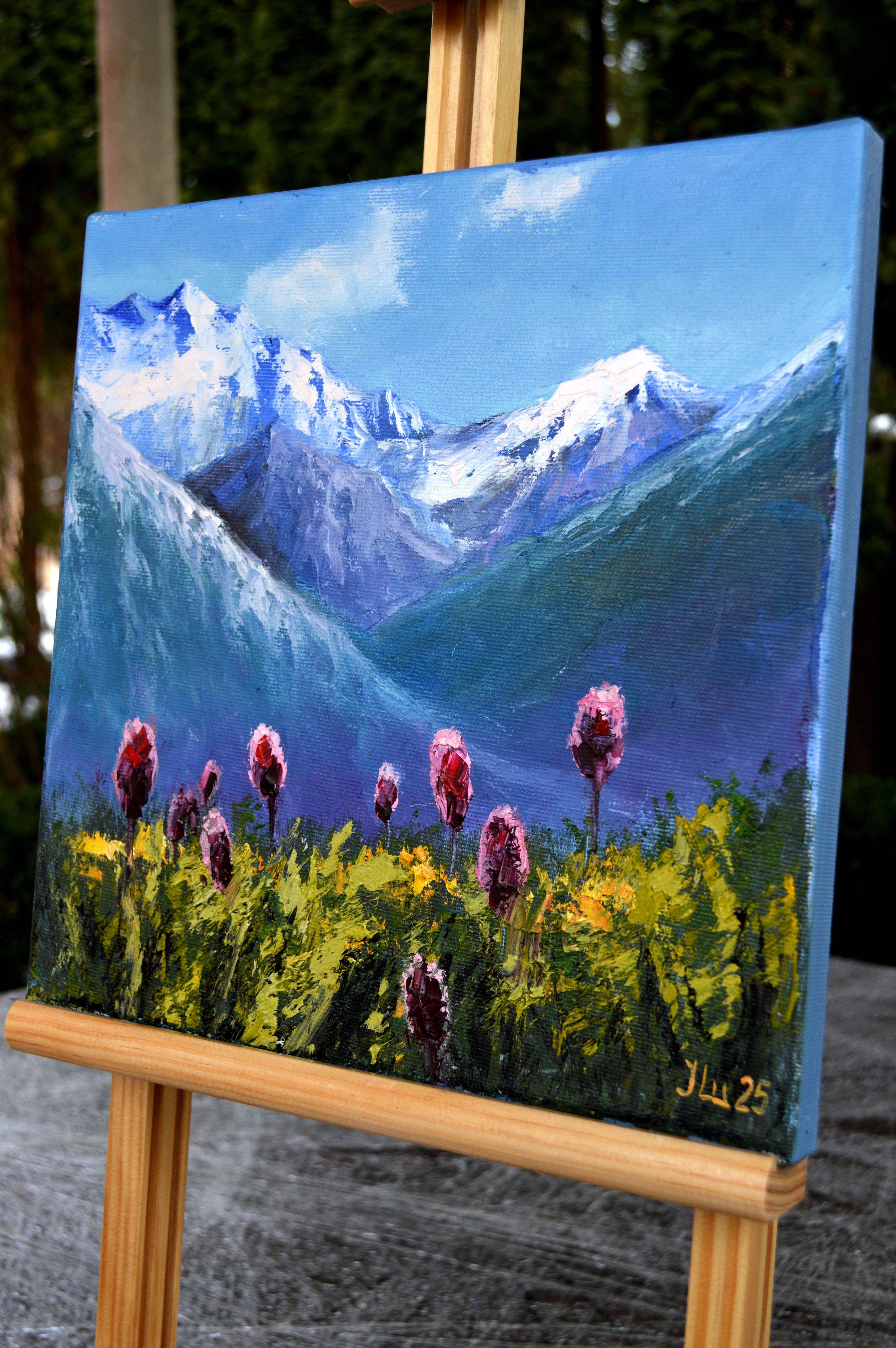 Mountain herbs - Gray Landscape Painting by Elena Lukina