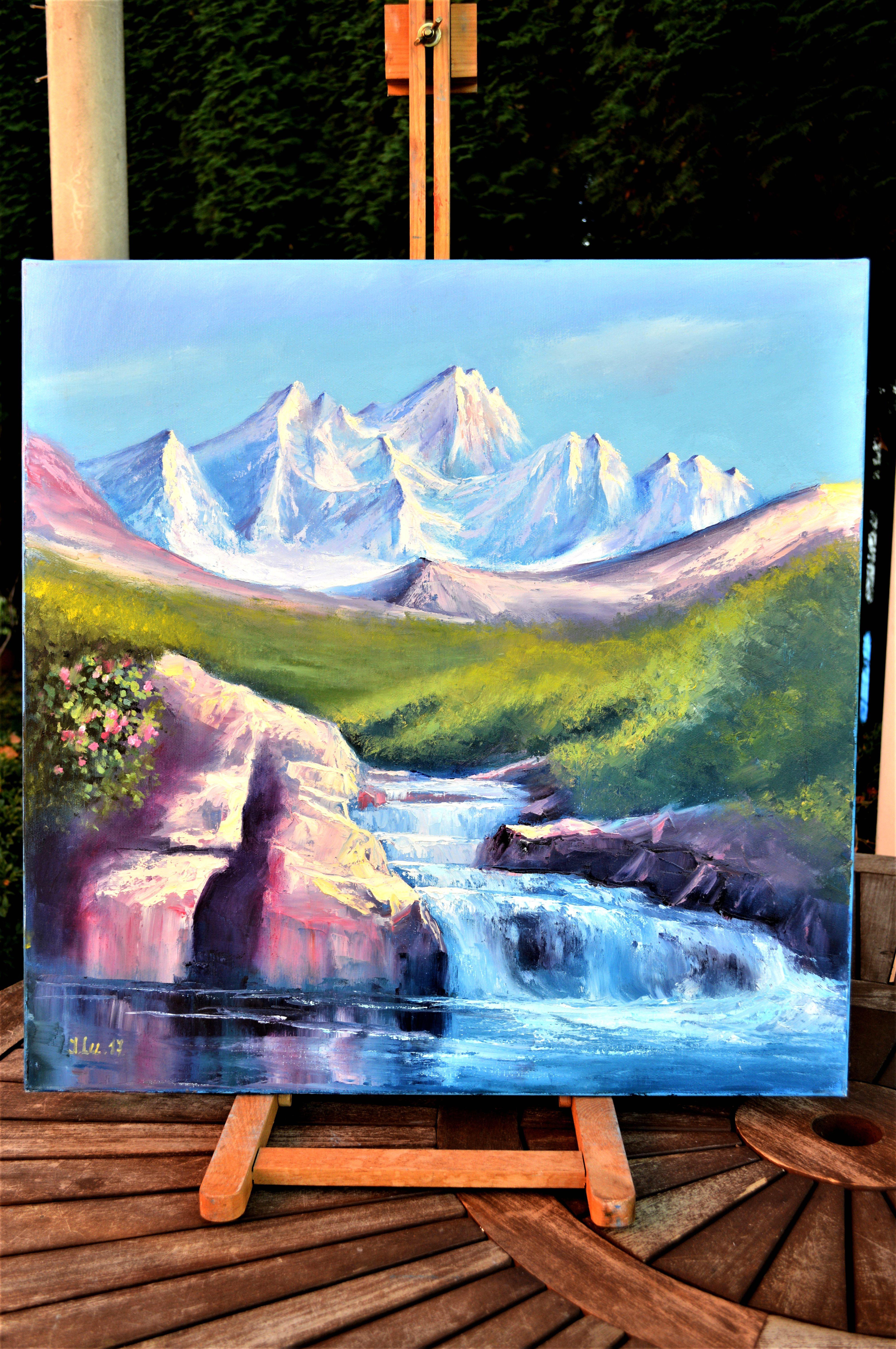 In this oil painting, I've captured the raw beauty of nature, blending expressionism's emotion with impressionism's light dance. The mountain's majestic tranquility meets the river's dynamic spirit, reminding us of life's continuous flow and the