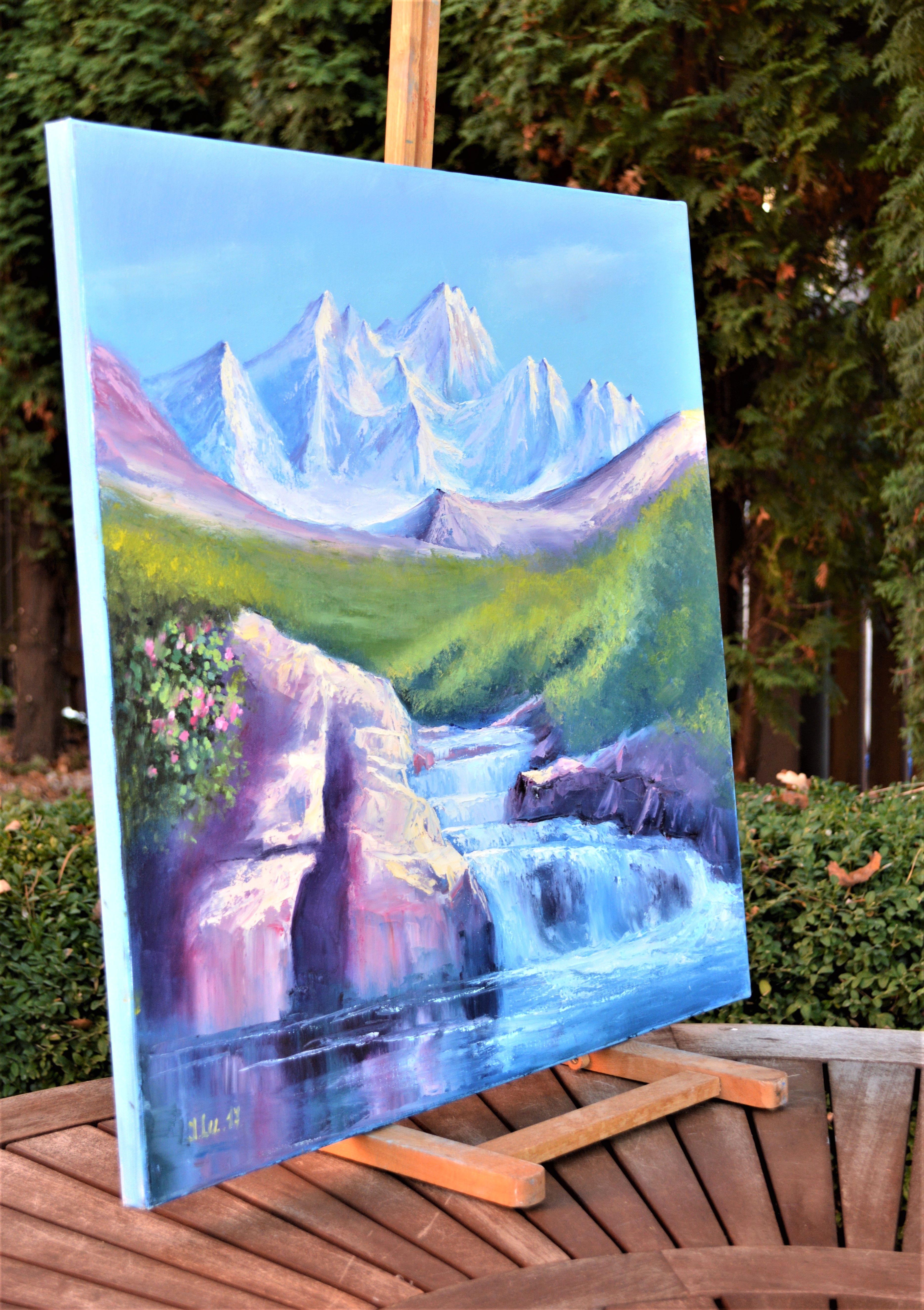In questo dipinto a olio ho catturato la cruda bellezza della natura, fondendo l'emozione dell'espressionismo con la danza della luce dell'impressionismo. La maestosa tranquillità della montagna incontra lo spirito dinamico del fiume, ricordandoci