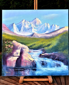 Mountain river Landscape Oil Painting on Italian canvas.