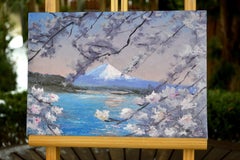 Mt. Fuji & Cherry Blossoms, Kawaguchiko, Original impasto Miniature Oil Gift Art