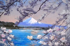 Mt. Fuji & Cherry Blossoms, Kawaguchiko, Original impasto Miniature Oil Gift Art
