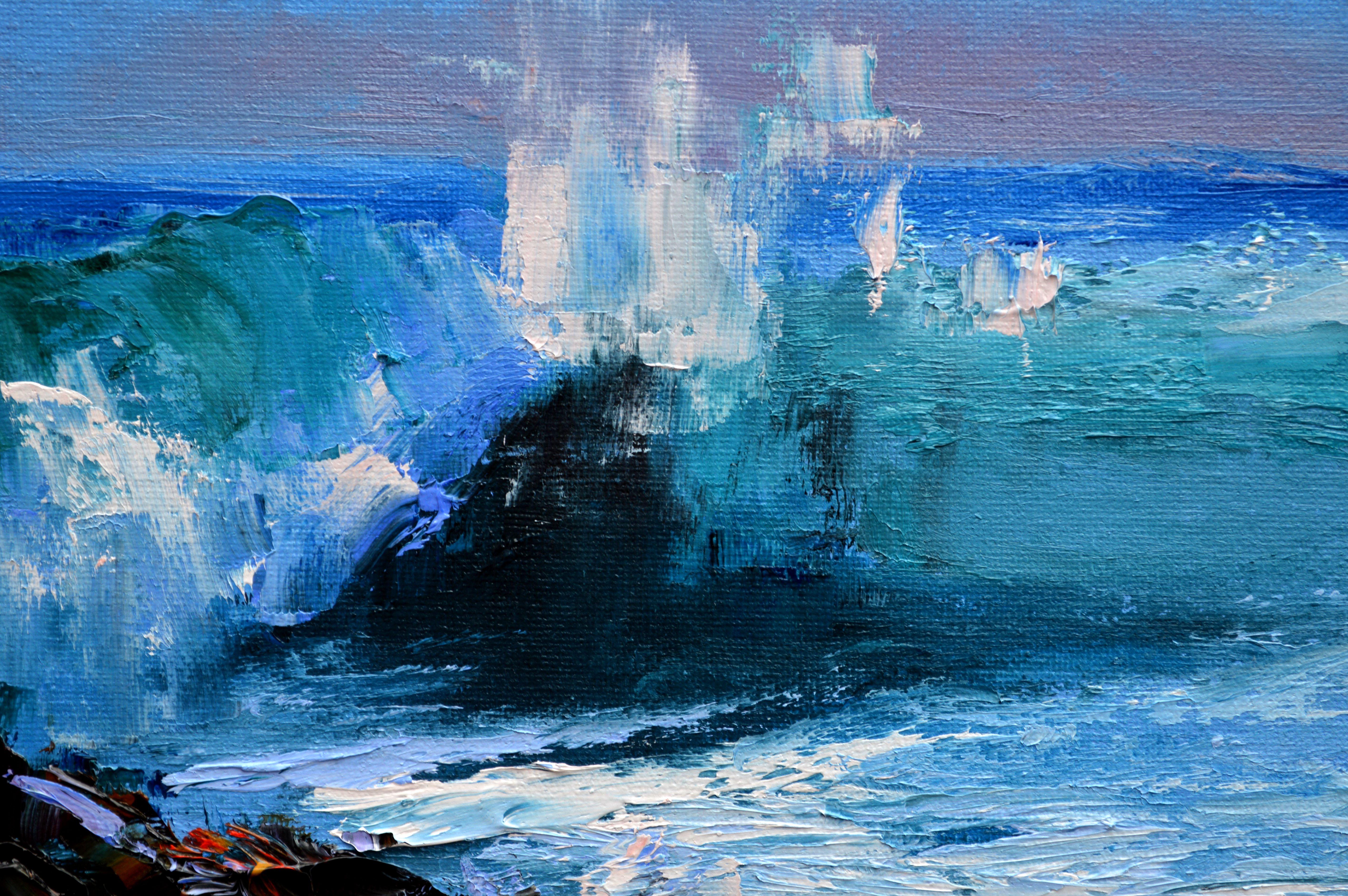 En este óleo, capté la fuerza visceral de las olas del océano chocando contra las rocas. Las pinceladas dinámicas y los azules vivos transmiten el regocijo y la imprevisibilidad de la naturaleza, mezclando elementos del expresionismo y el