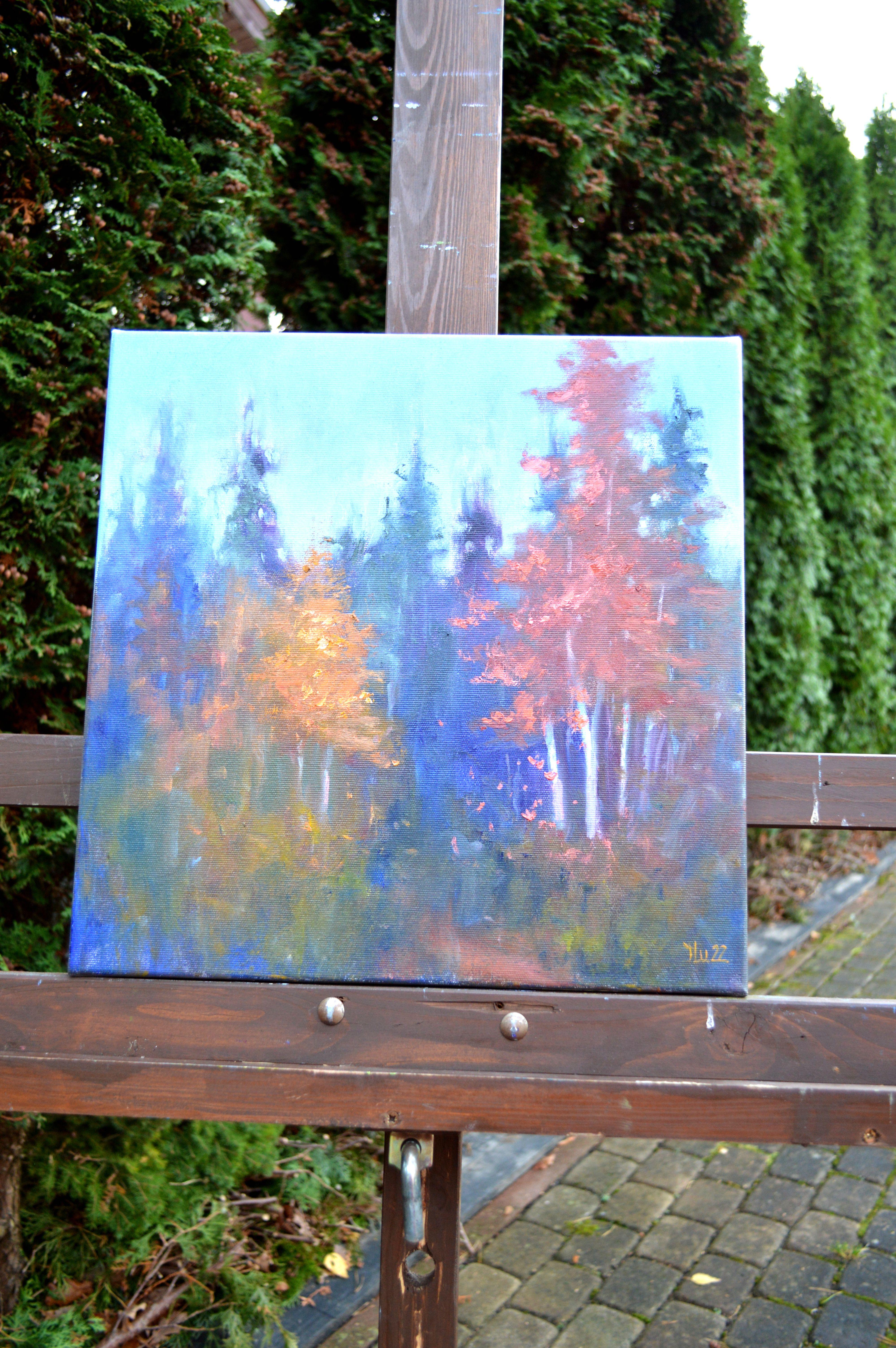 A la lisière de la forêt - Violet Landscape Painting par Elena Lukina