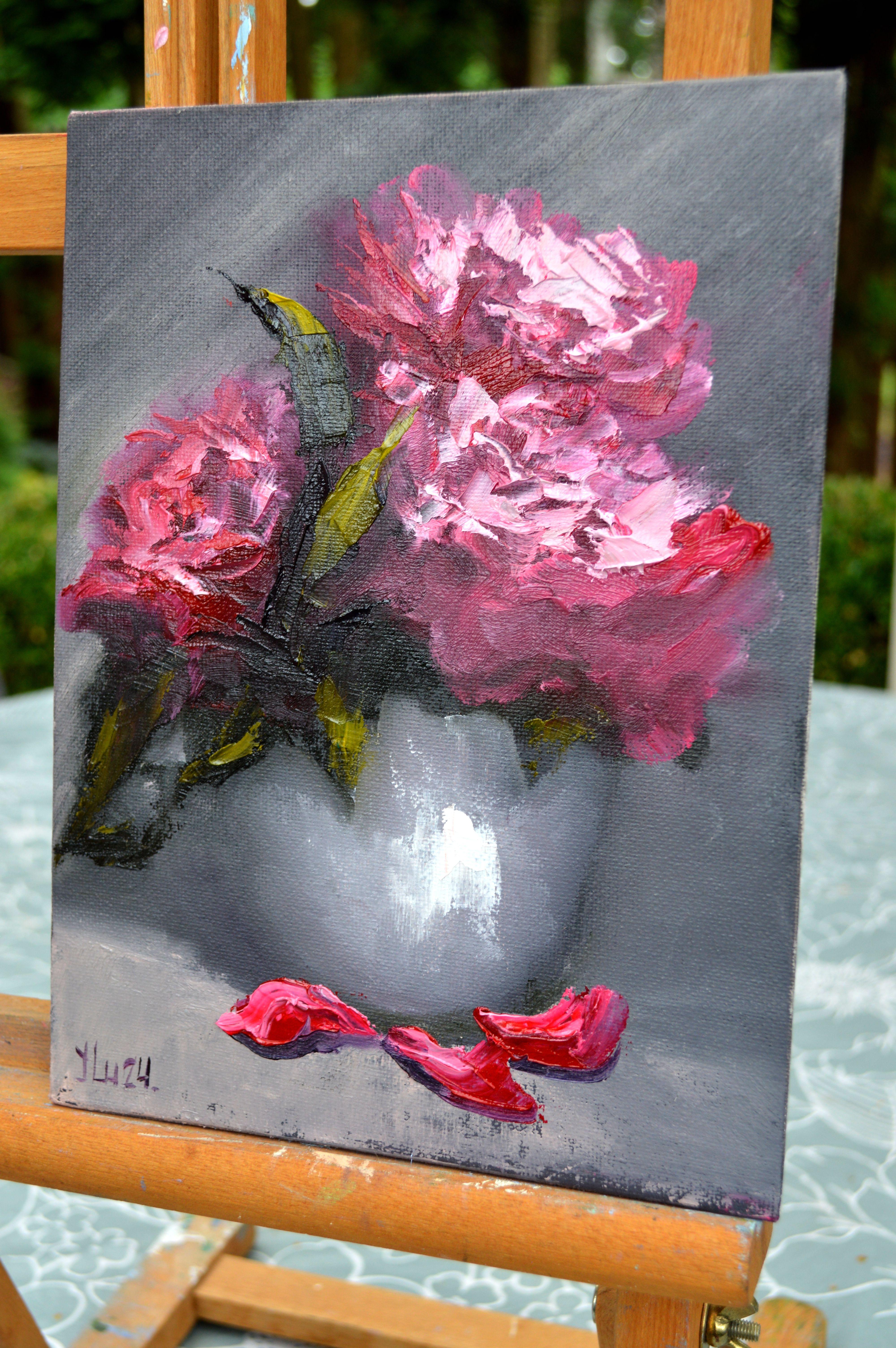 Dans cette œuvre, je me délecte de la grâce poétique des pivoines, rendue avec passion à l'huile. Les coups de pinceau vifs et les teintes enrichies capturent un moment fugace de splendeur florale, mêlant l'impressionnisme à une touche