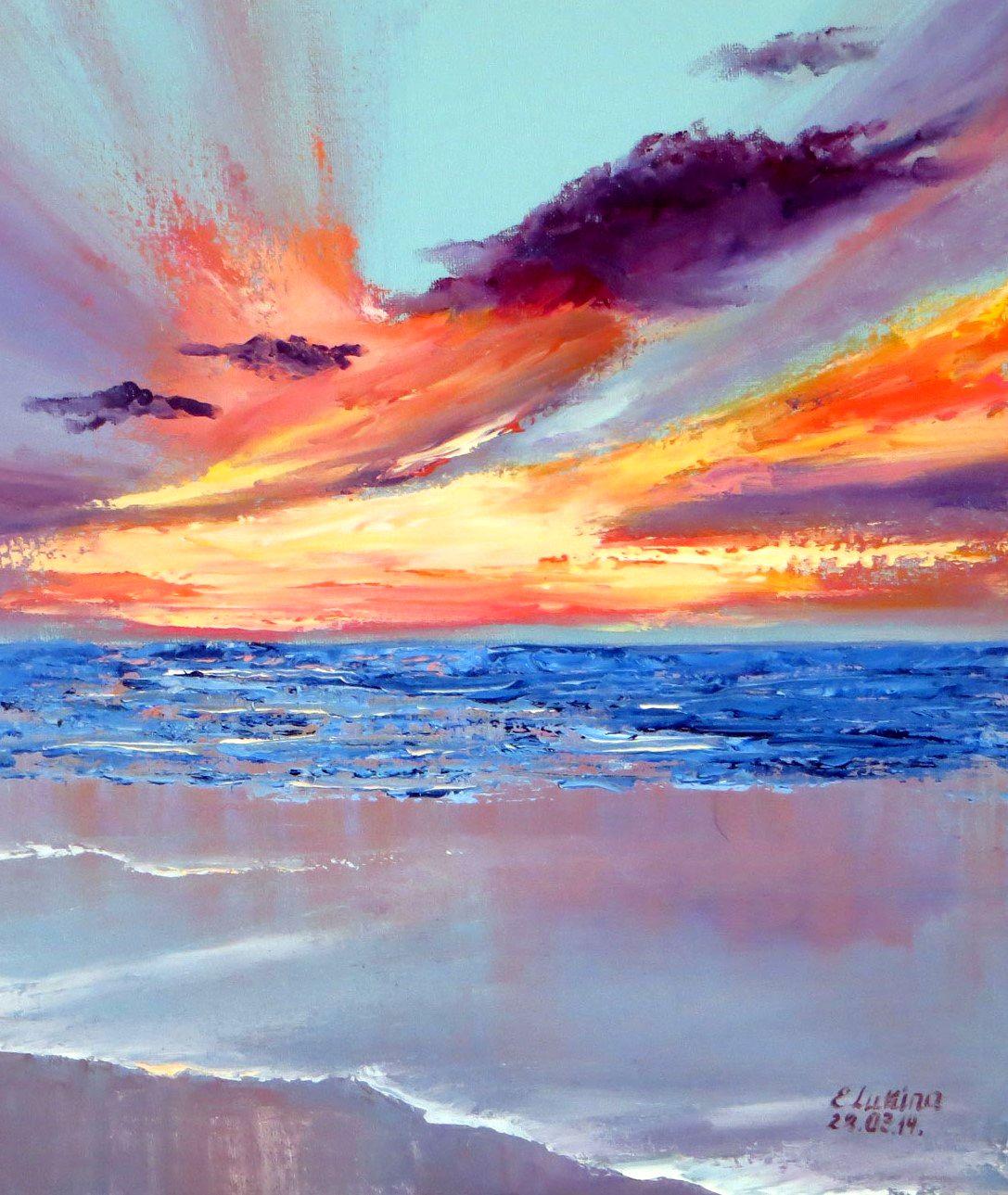 In questa tela ho scatenato una vorticosa sinfonia di colori del tramonto, mescolando rossi vivaci e viola delicati con i blu dinamici del mare. Attraverso l'espressionismo fuso con un tocco di realismo, mi propongo di evocare un senso di pace e una