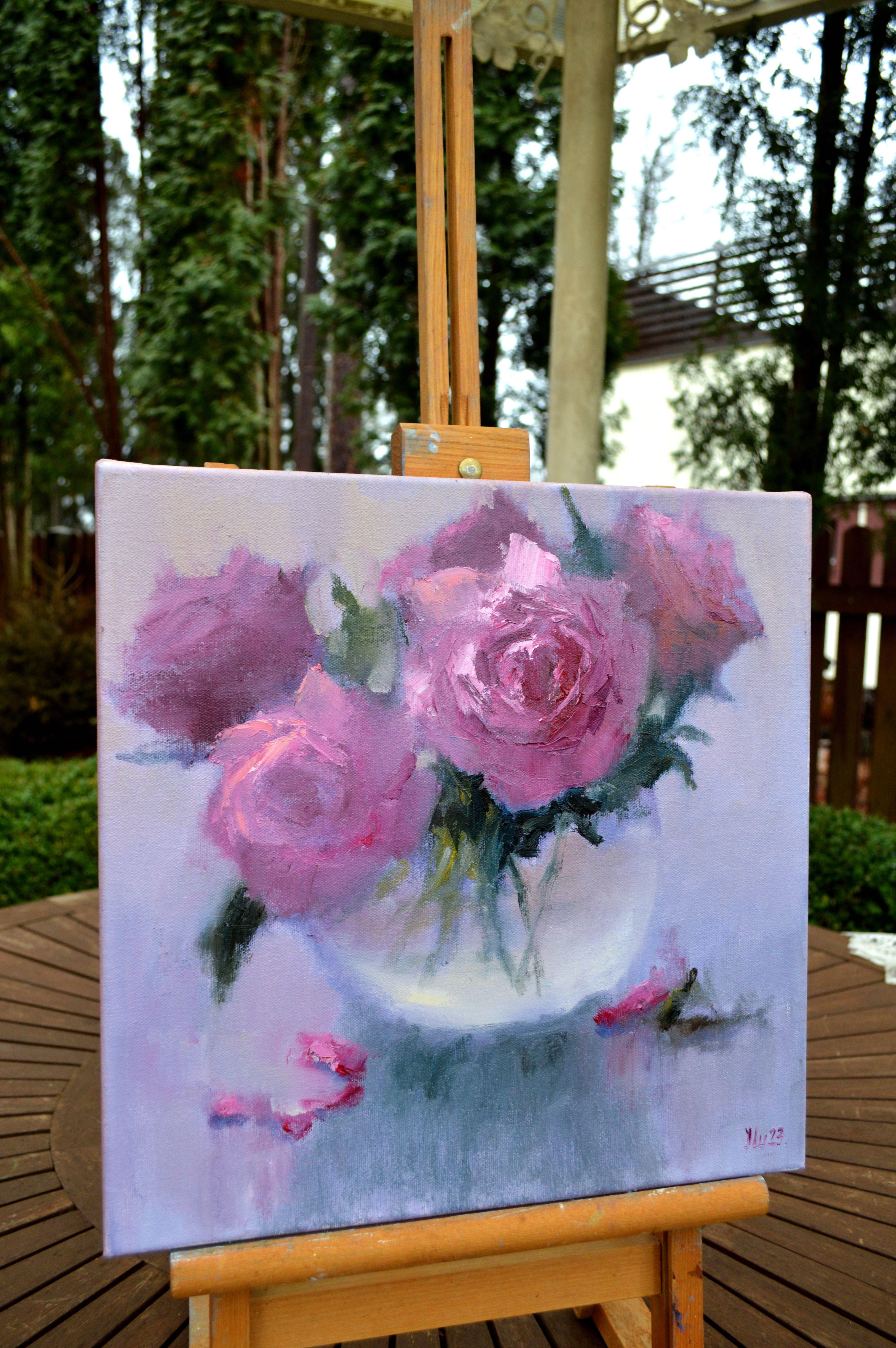 Rosa Blumenstrauß 35X35 Ölgemälde. im Angebot 5