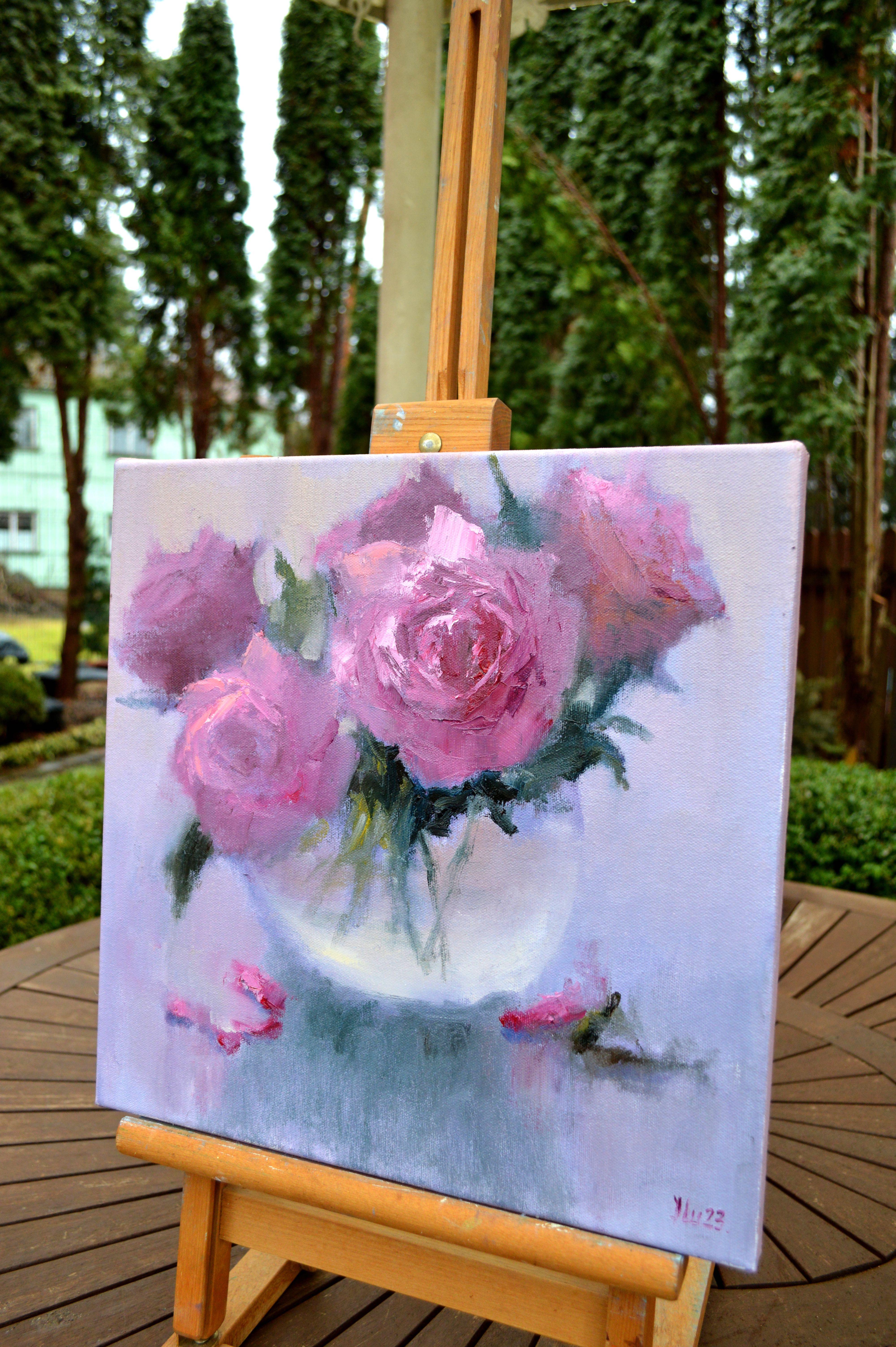 Rosa Blumenstrauß 35X35 Ölgemälde. im Angebot 6
