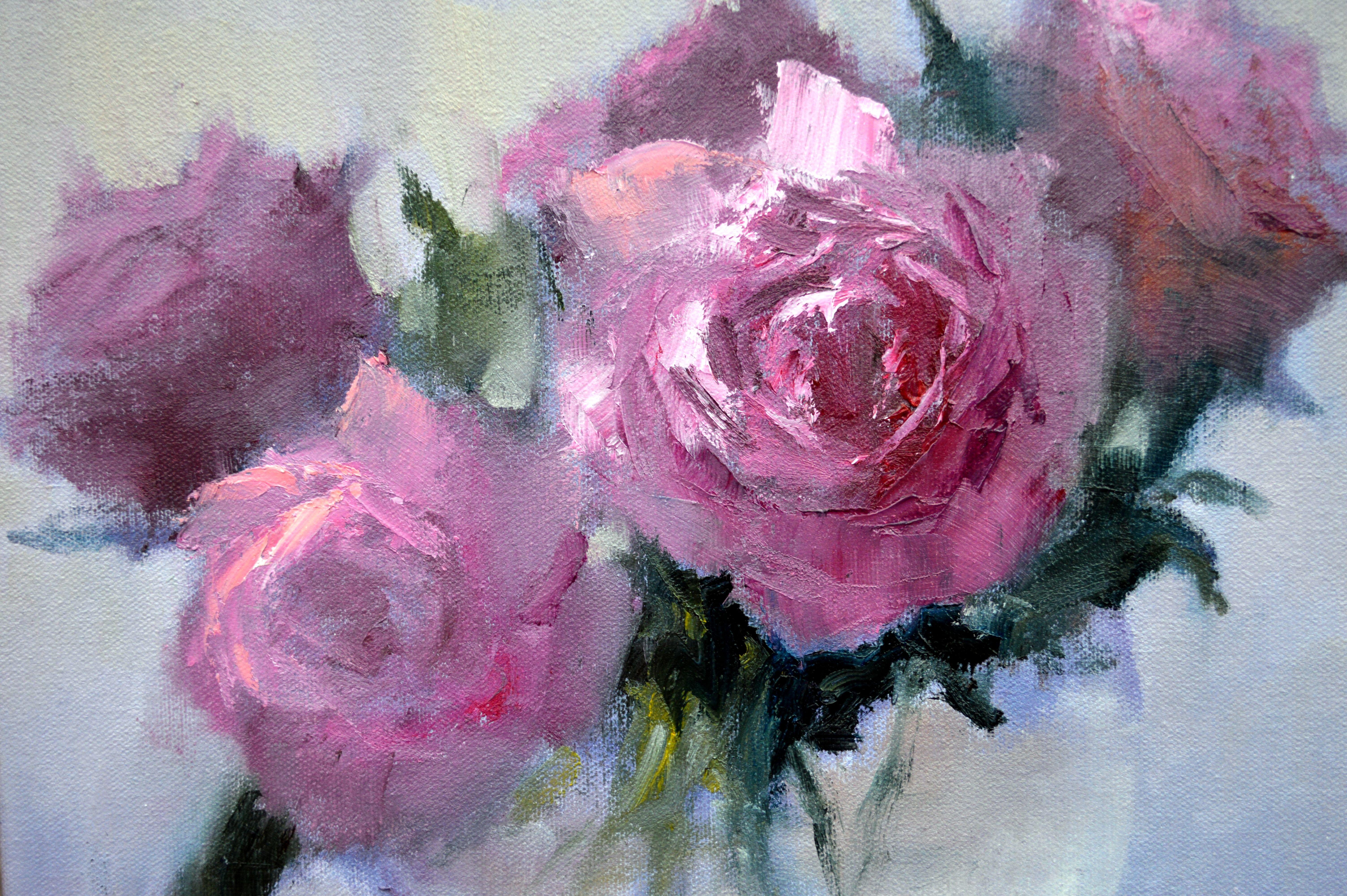 Rosa Blumenstrauß 35X35 Ölgemälde. im Angebot 7