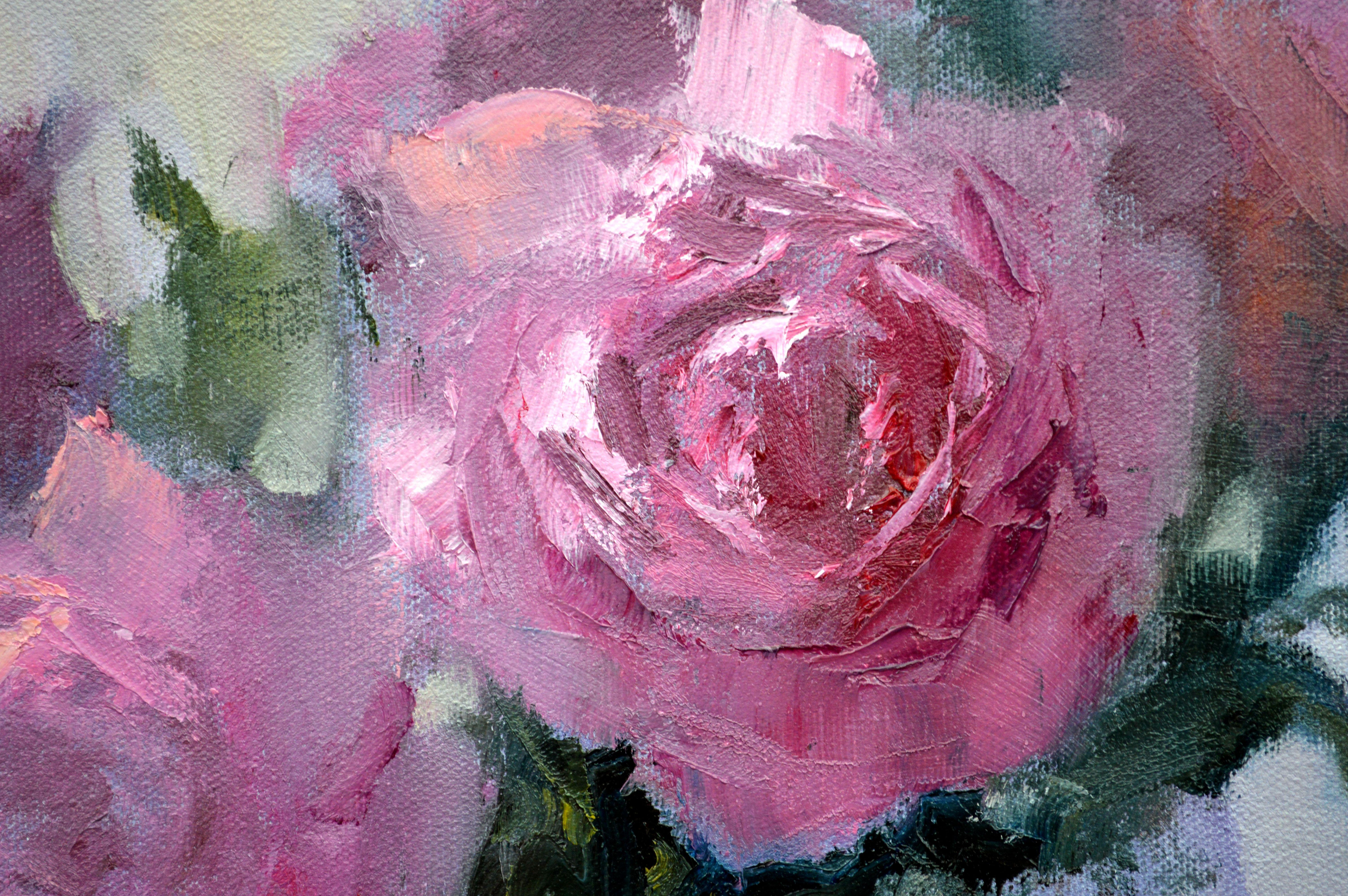 Rosa Blumenstrauß 35X35 Ölgemälde. im Angebot 9