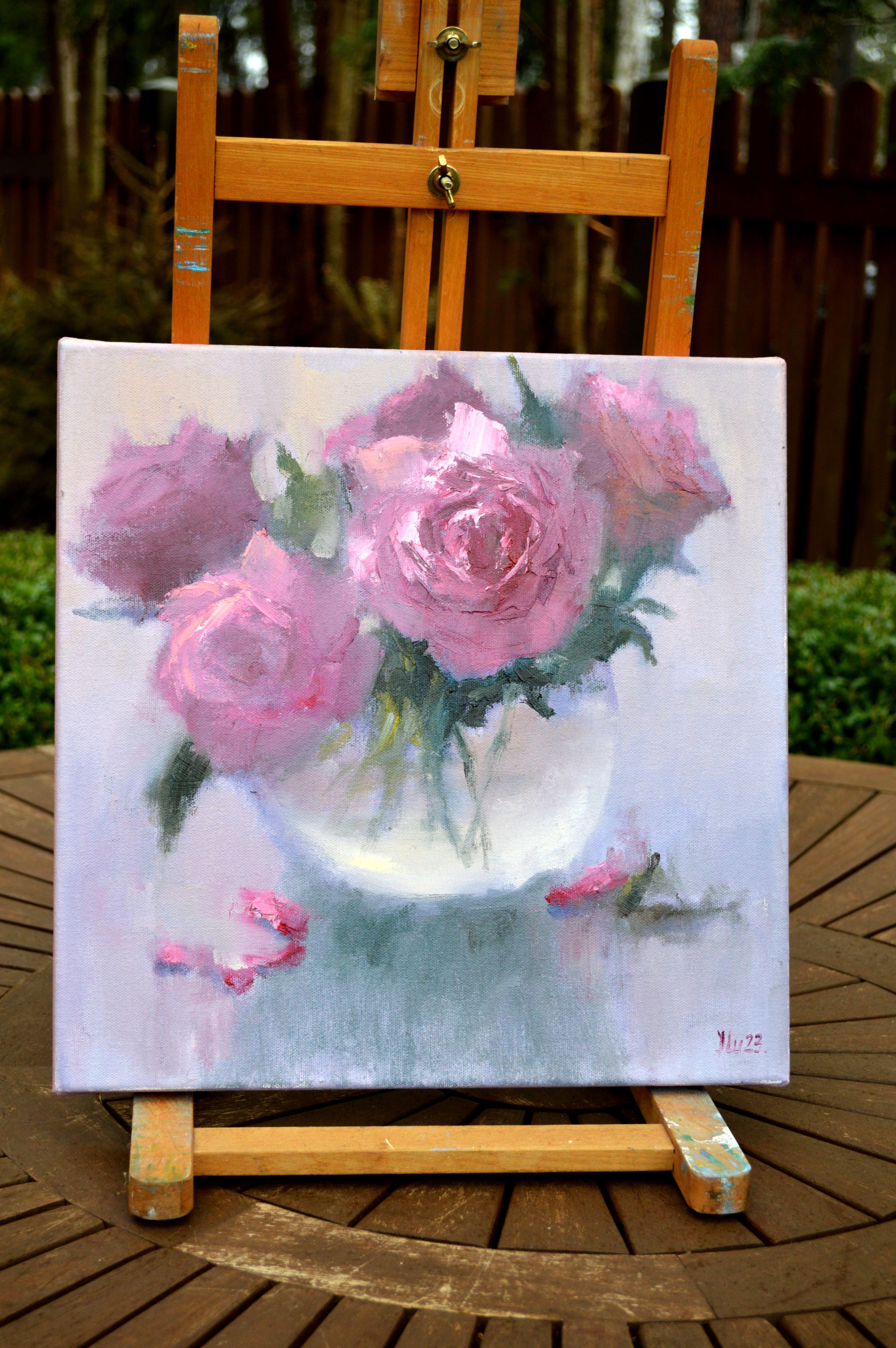 Rosa Blumenstrauß 35X35 Ölgemälde. im Angebot 10
