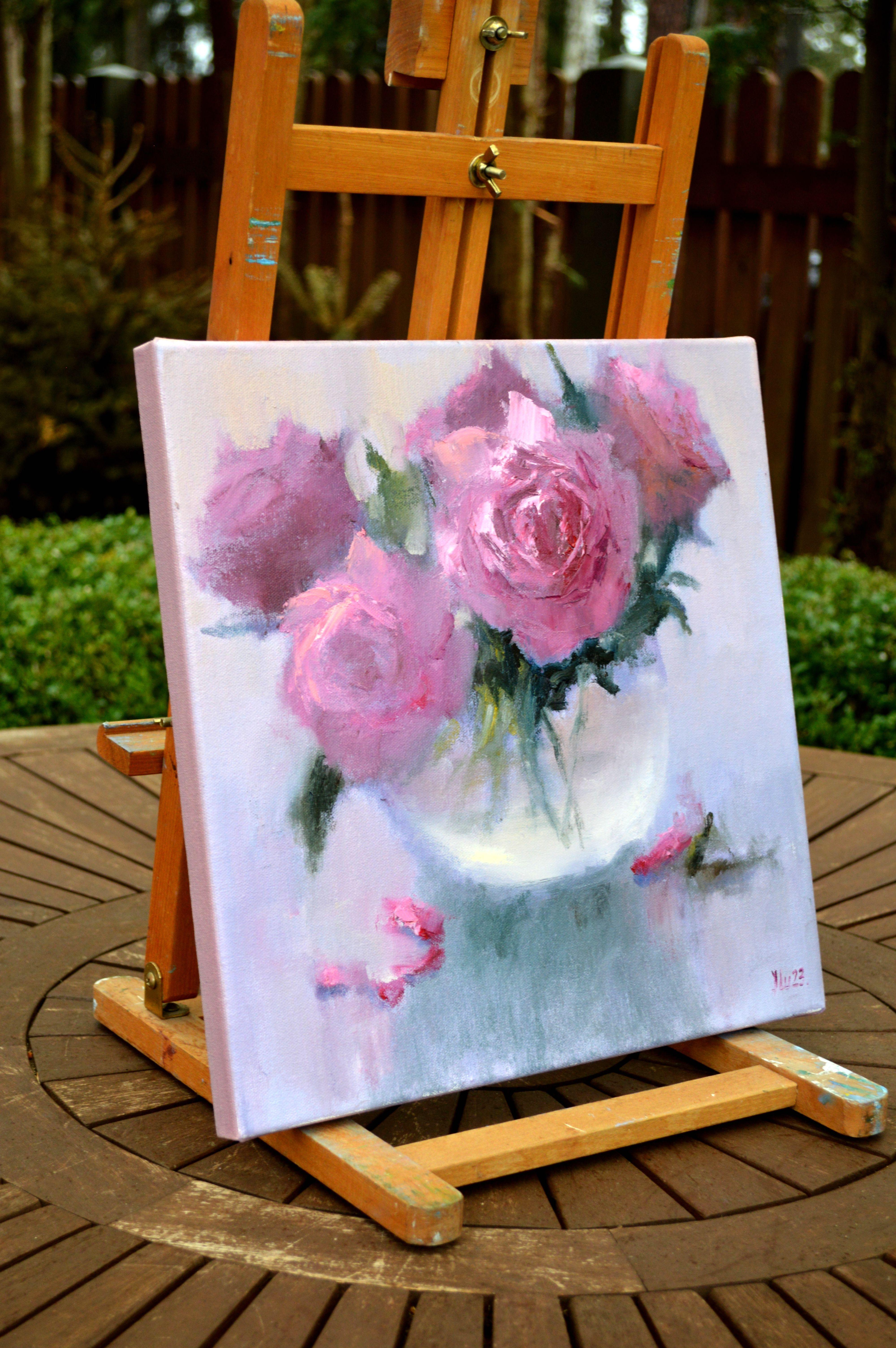 Rosa Blumenstrauß 35X35 Ölgemälde. im Angebot 11