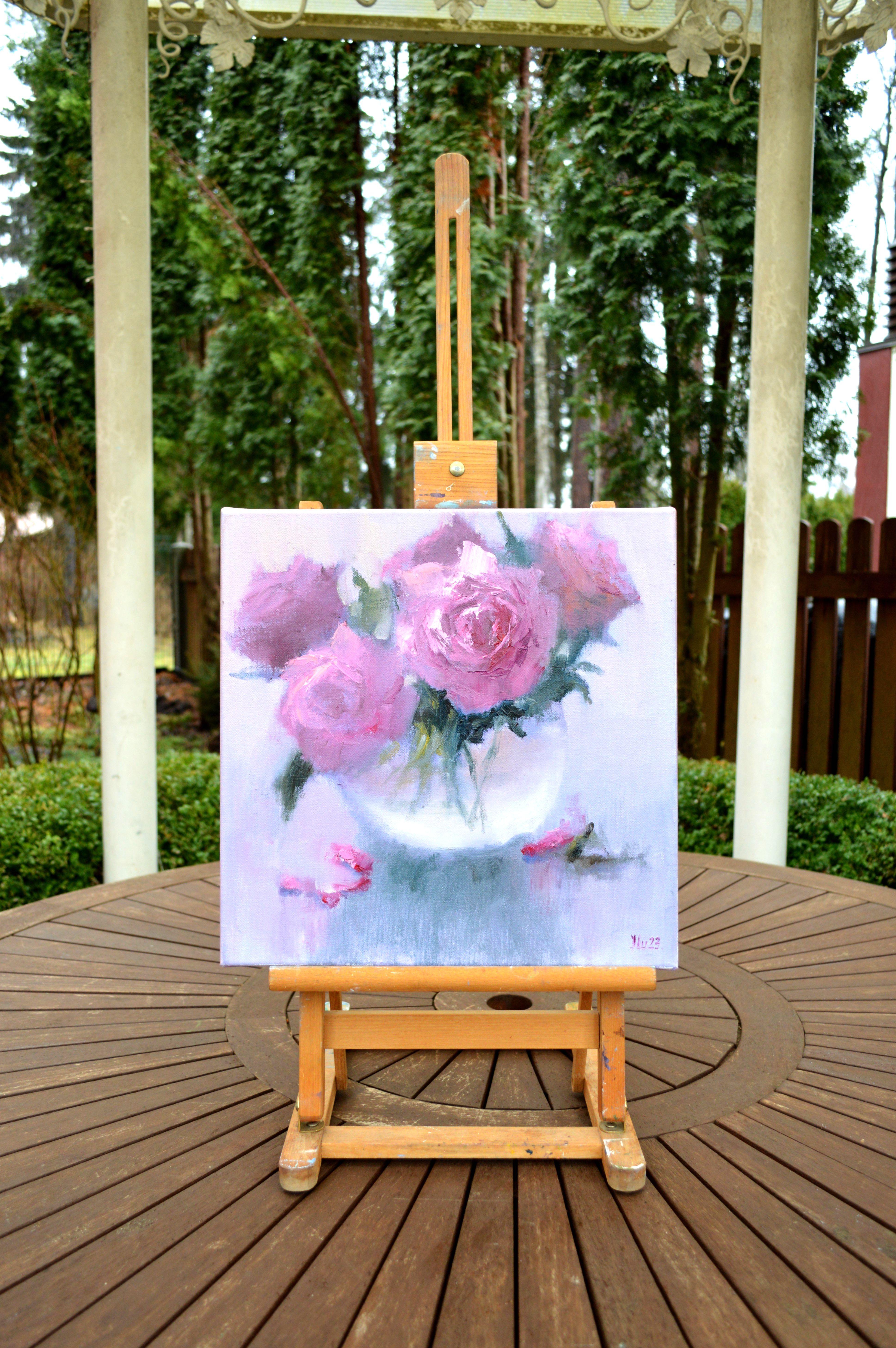 Rosa Blumenstrauß 35X35 Ölgemälde. – Painting von Elena Lukina