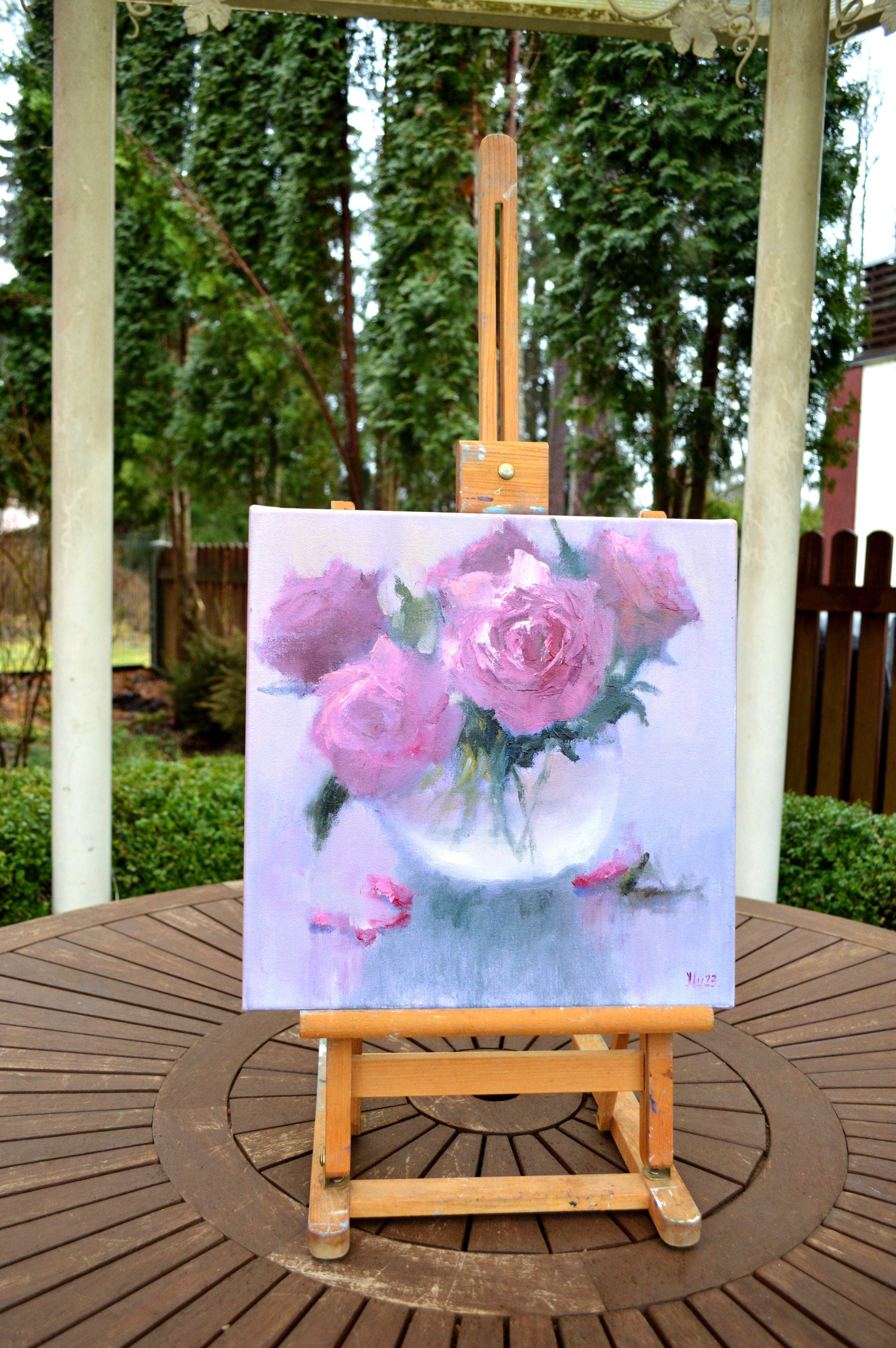 Rosa Blumenstrauß 35X35 Ölgemälde. (Expressionismus), Painting, von Elena Lukina