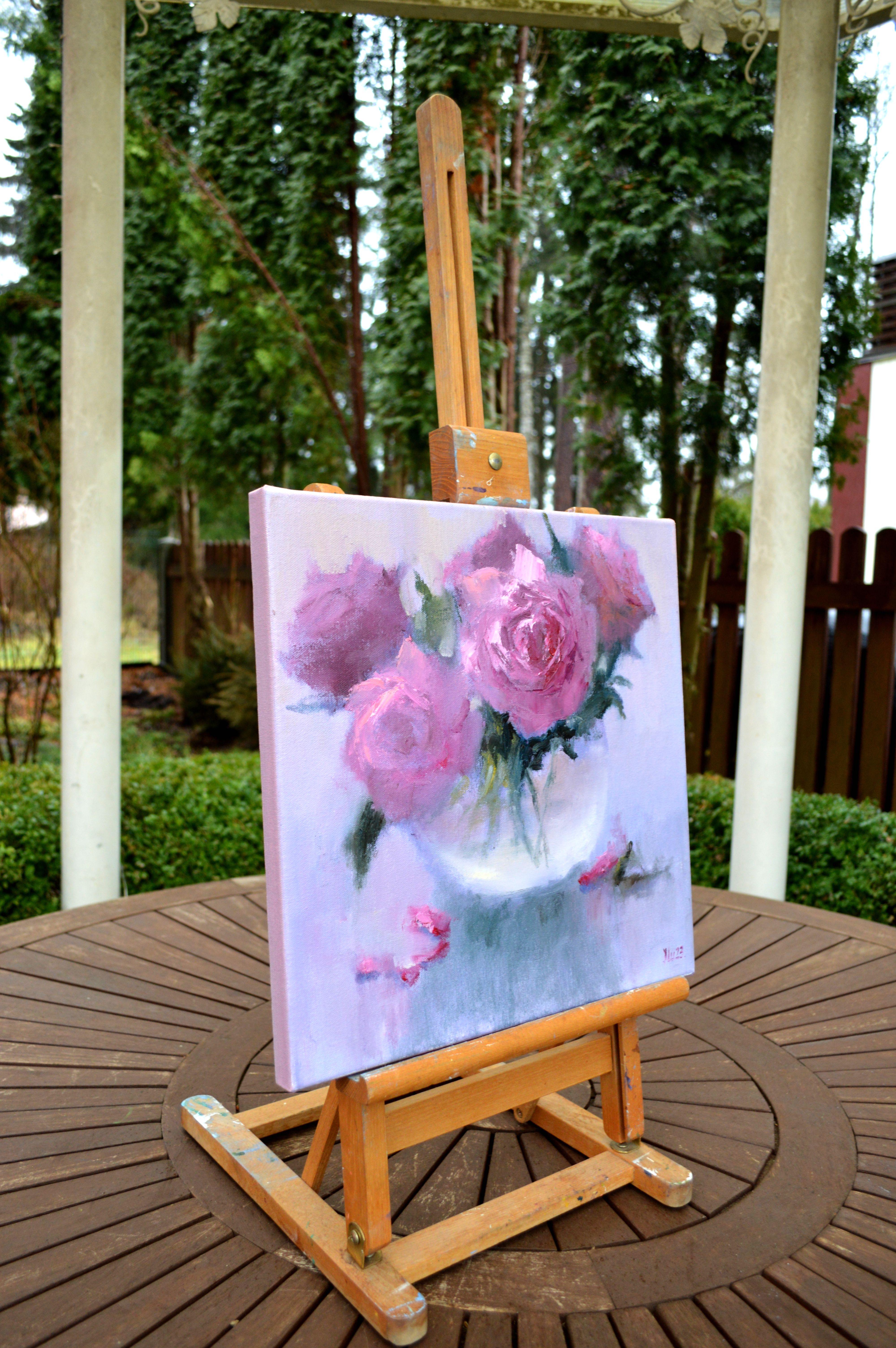 Rosa Blumenstrauß 35X35 Ölgemälde. (Pink), Still-Life Painting, von Elena Lukina