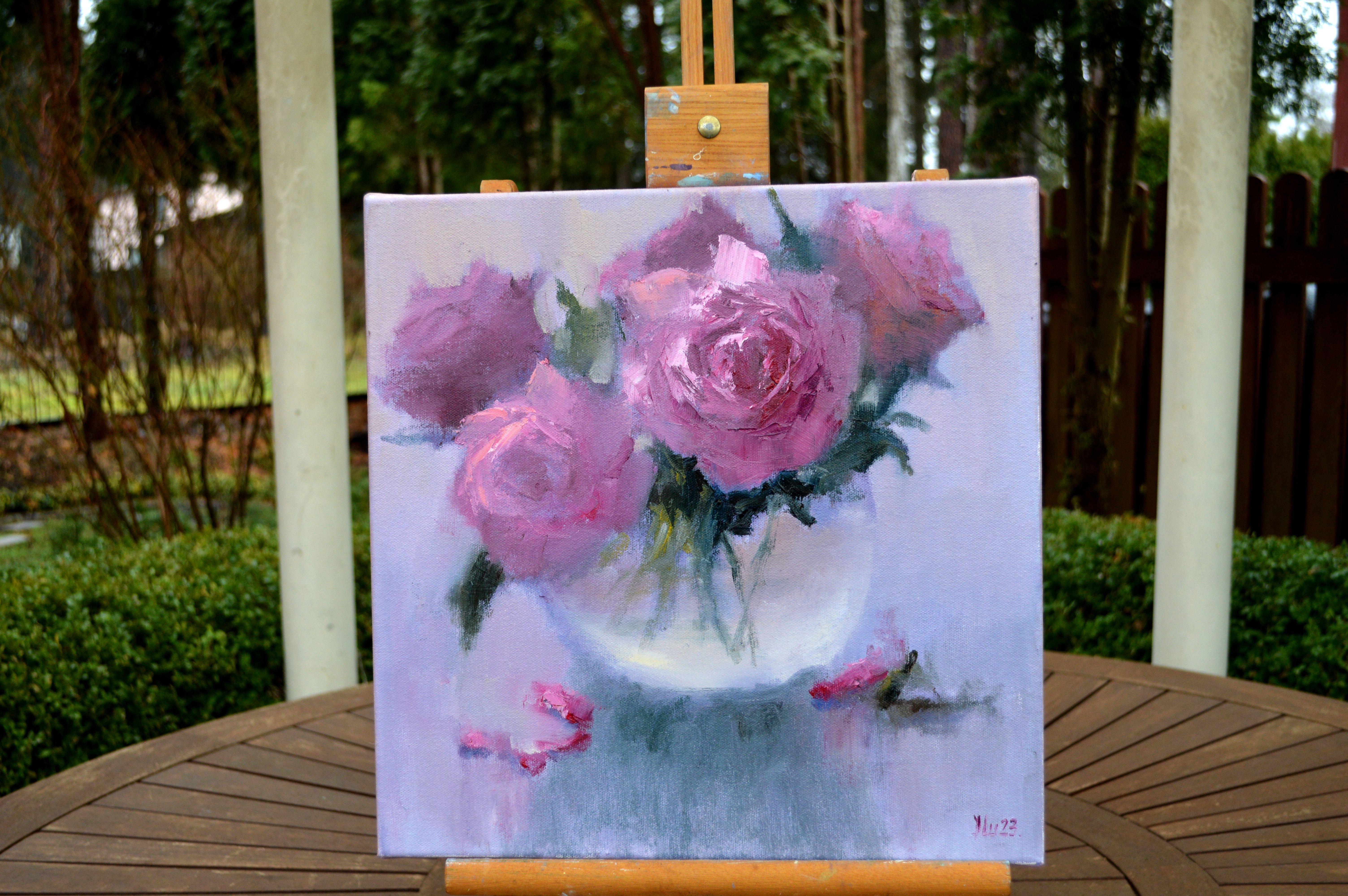 Rosa Blumenstrauß 35X35 Ölgemälde. im Angebot 1