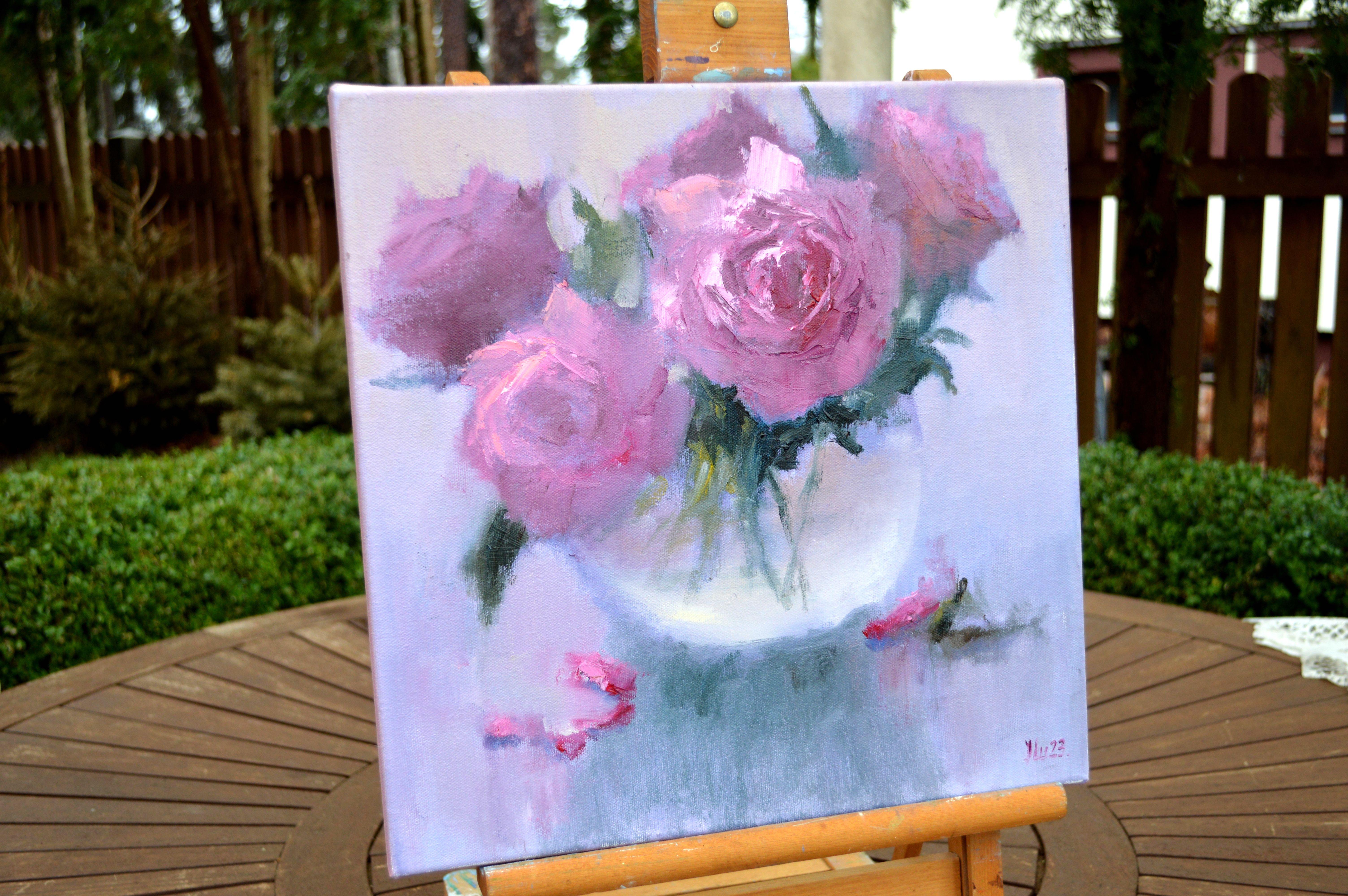 Rosa Blumenstrauß 35X35 Ölgemälde. im Angebot 2
