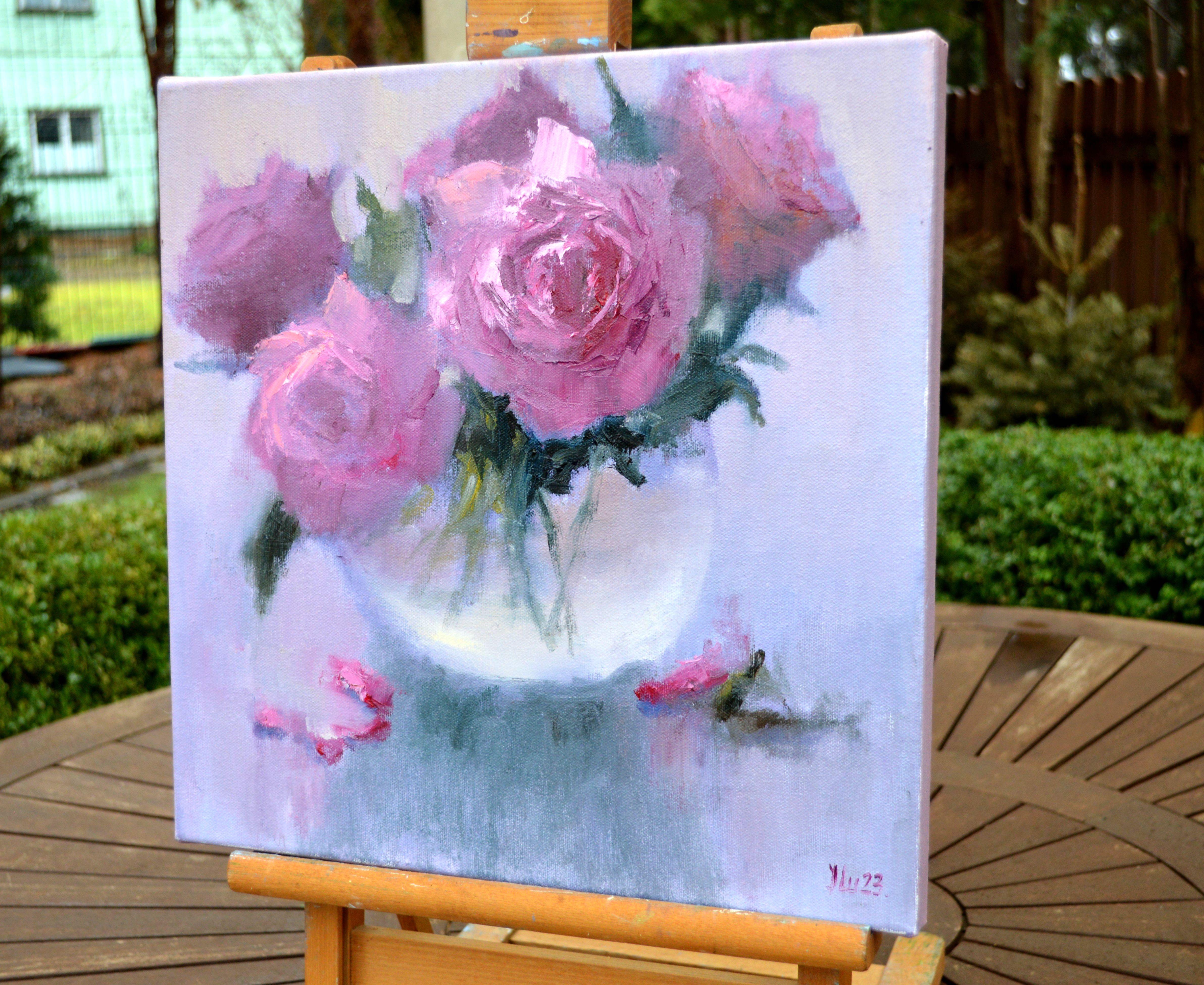 Rosa Blumenstrauß 35X35 Ölgemälde. im Angebot 3