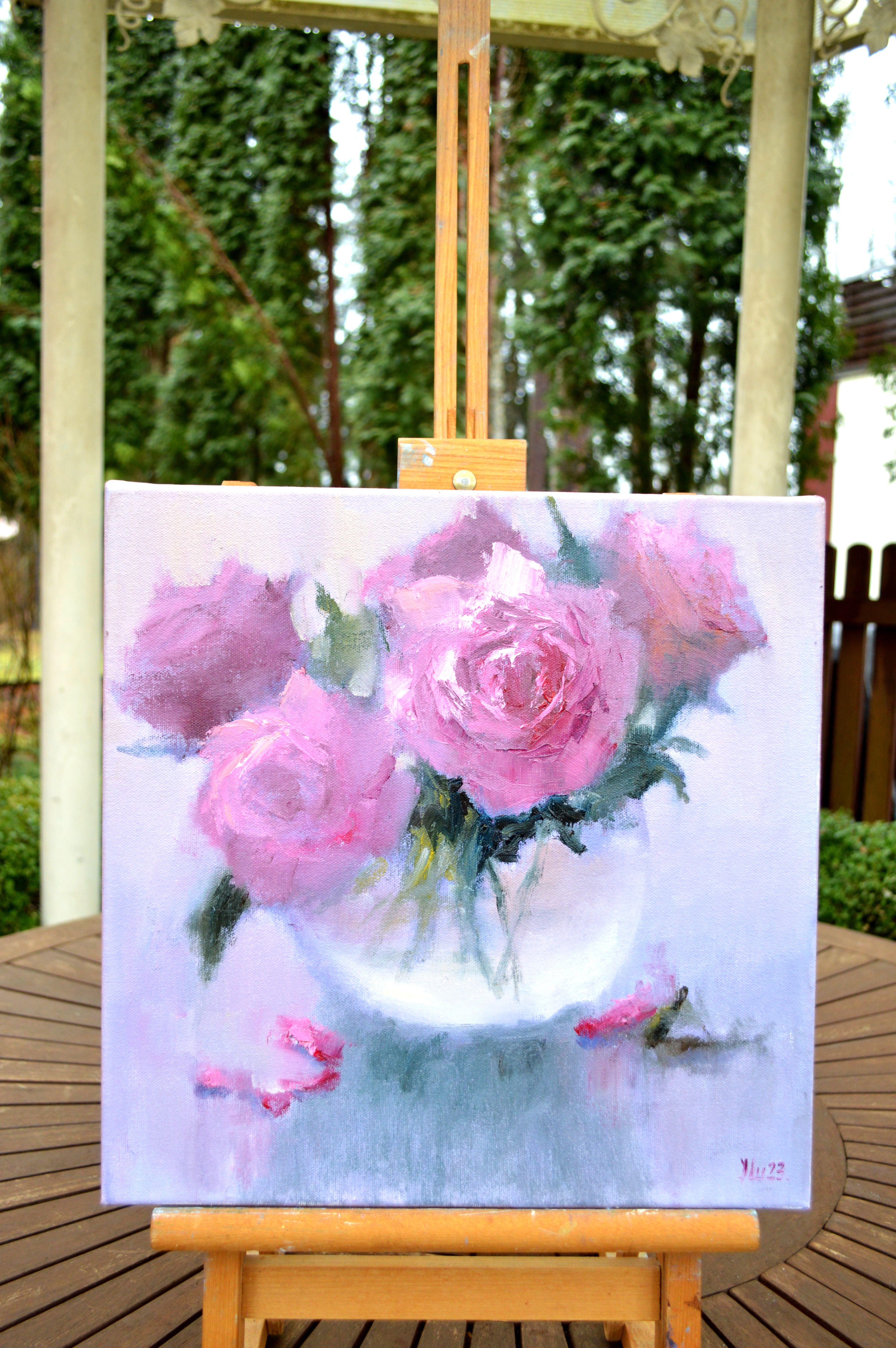 Rosa Blumenstrauß 35X35 Ölgemälde. im Angebot 4