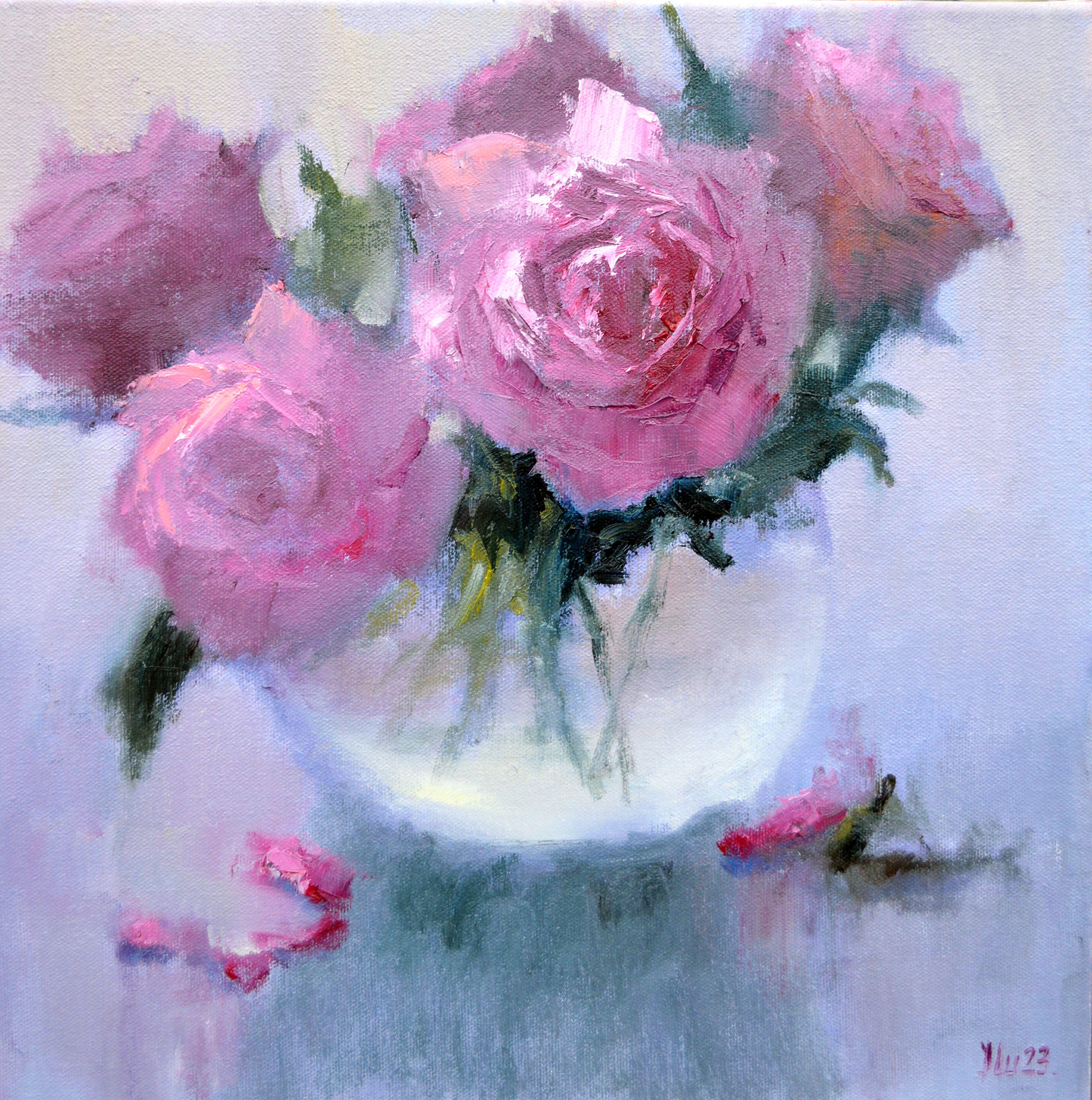 Elena Lukina Still-Life Painting – Rosa Blumenstrauß 35X35 Ölgemälde.