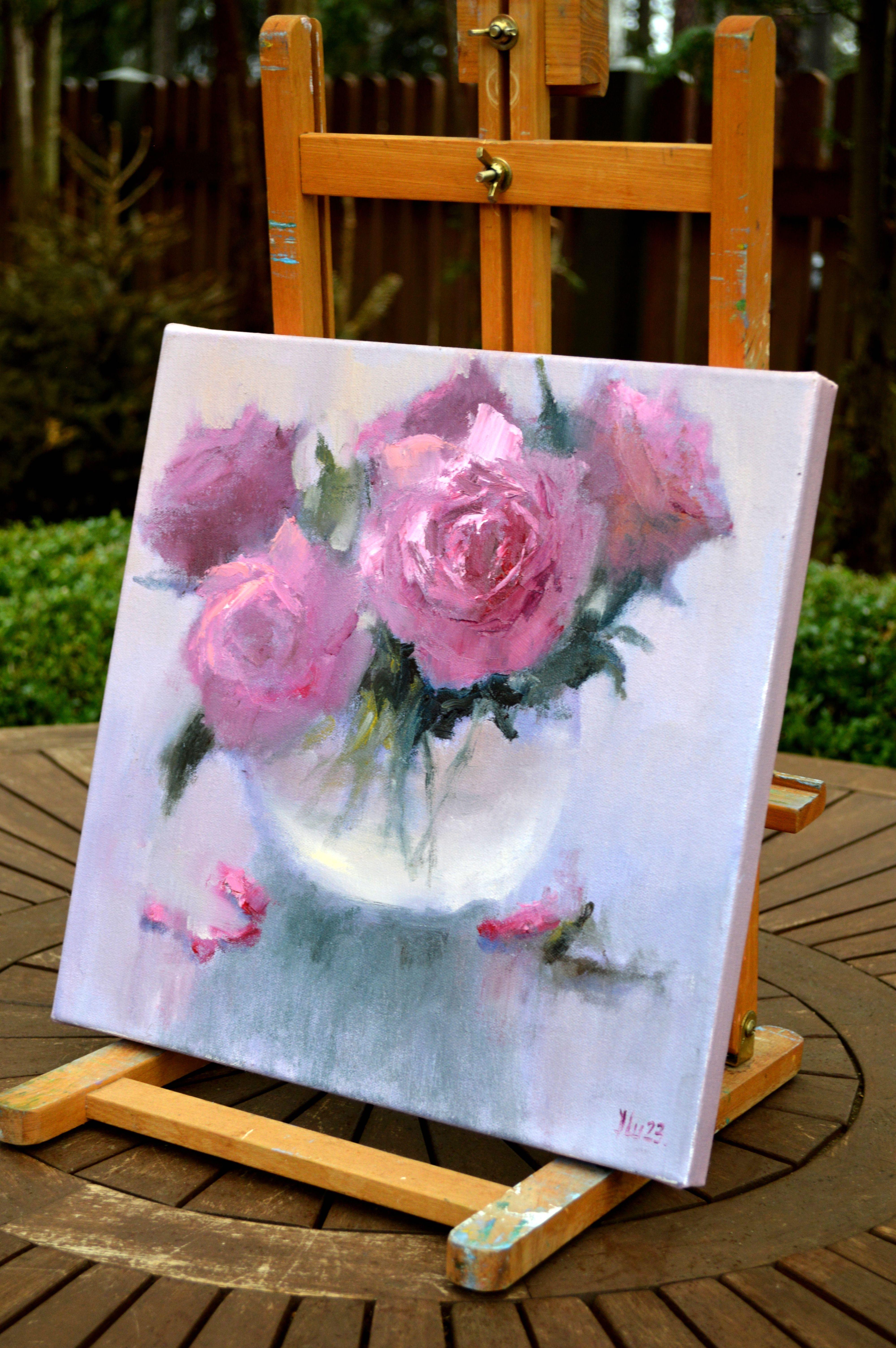 Bouquet rose 35X35 peinture à l'huile.cadeau de St Valentin art. en vente 13