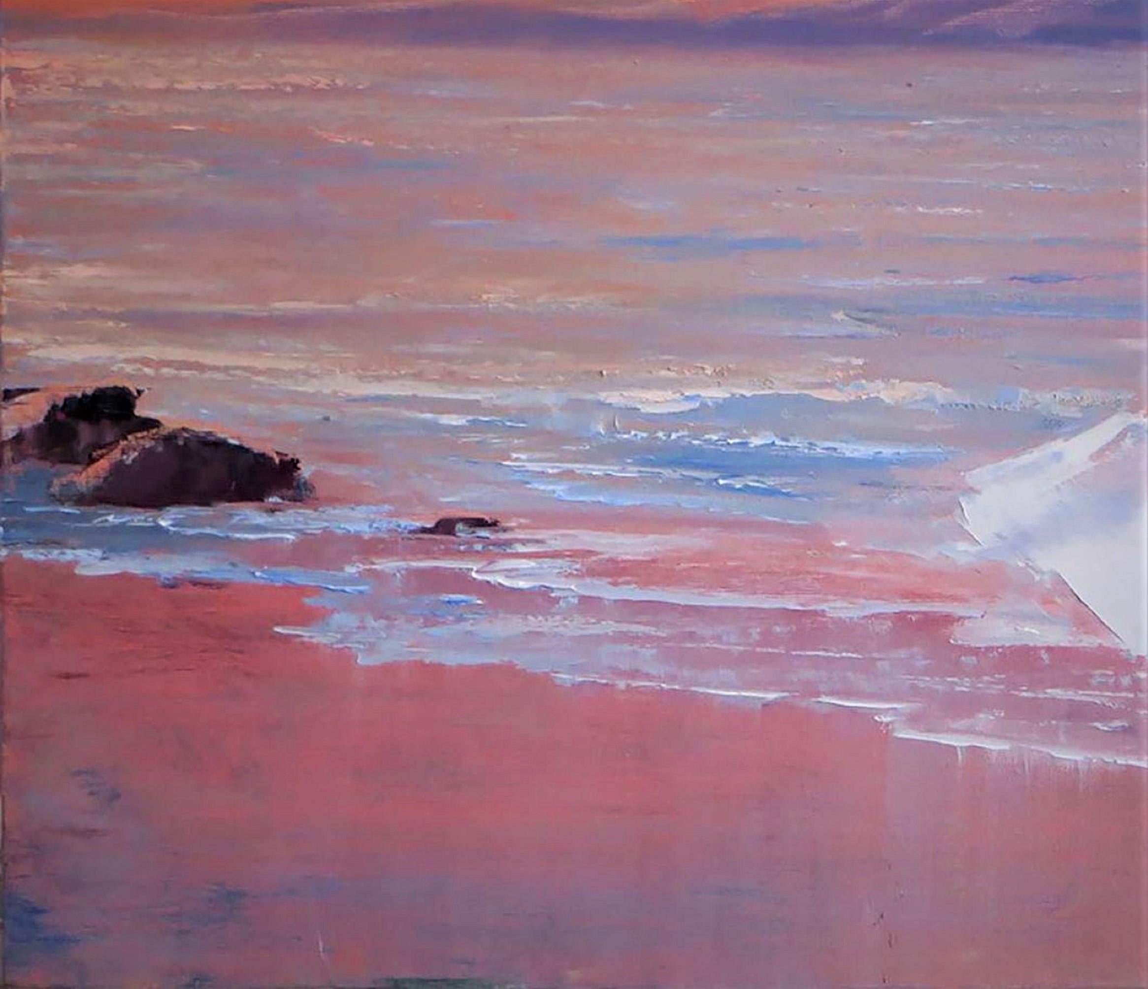 En este cuadro, he captado el momento sereno de una mujer acariciada por los suaves matices de una puesta de sol en la costa. Mediante la mezcla de realismo e impresionismo al óleo, intenté evocar una sensación de paz y soledad introspectiva. El
