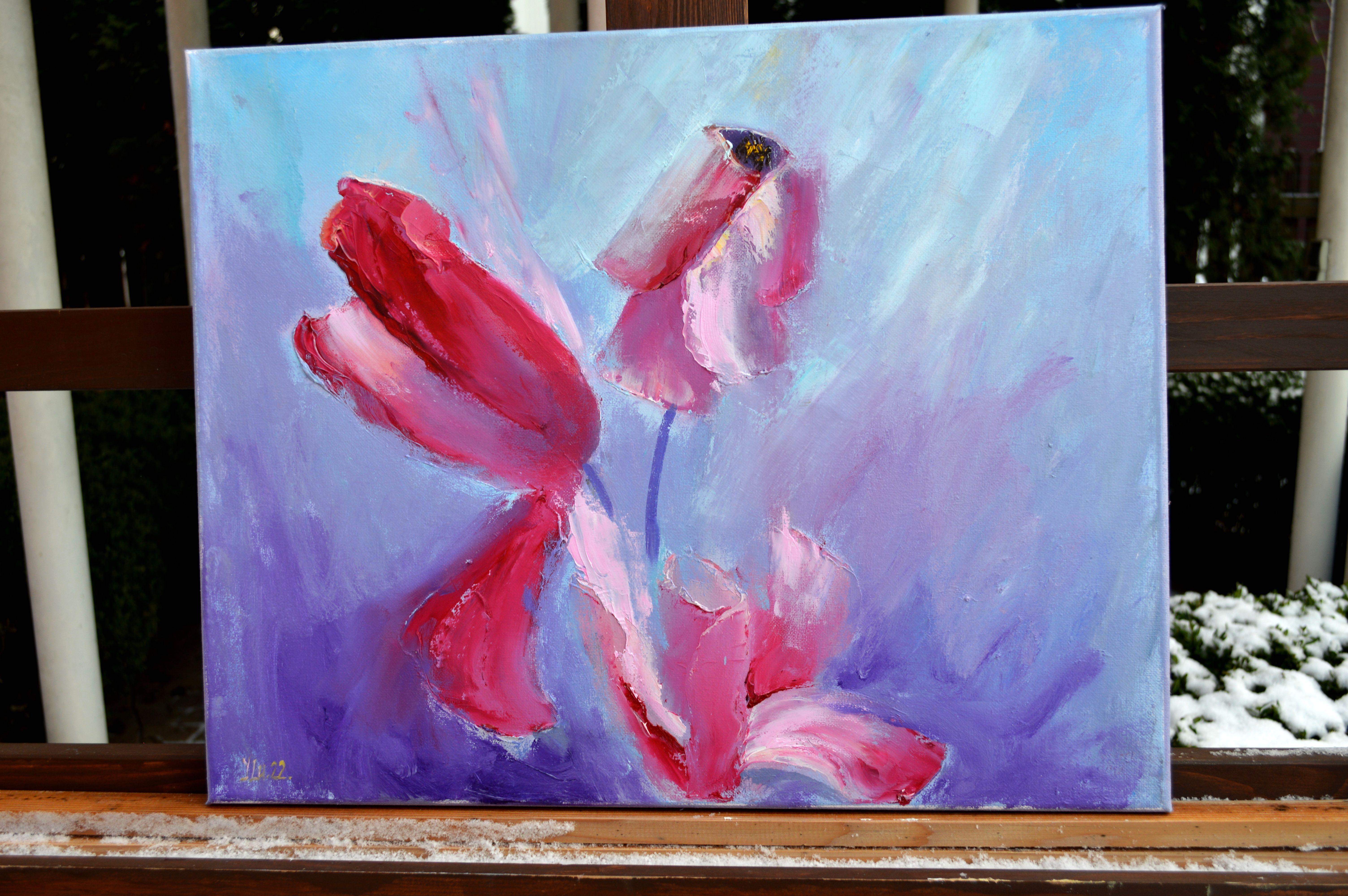 In this whirlwind of vibrant strokes and passionate hues, I've imbued my soul into the canvas, portraying blossoms that dance with life's exuberance. The petals, rich in texture, seem to sway in an unseen breeze, a testament to nature's fleeting