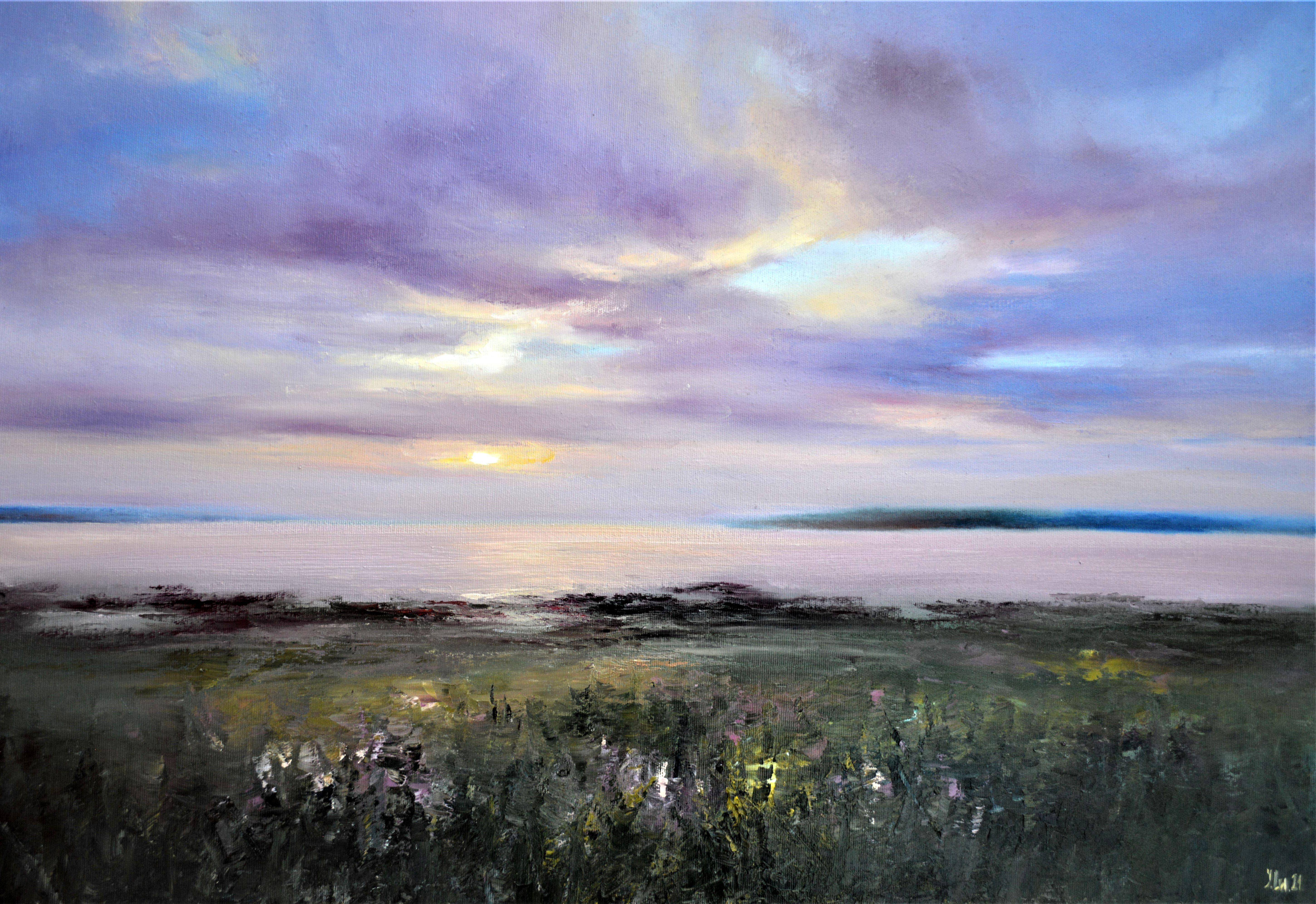 Elena Lukina Interior Painting – Rosa Sonnenuntergang am Fluss