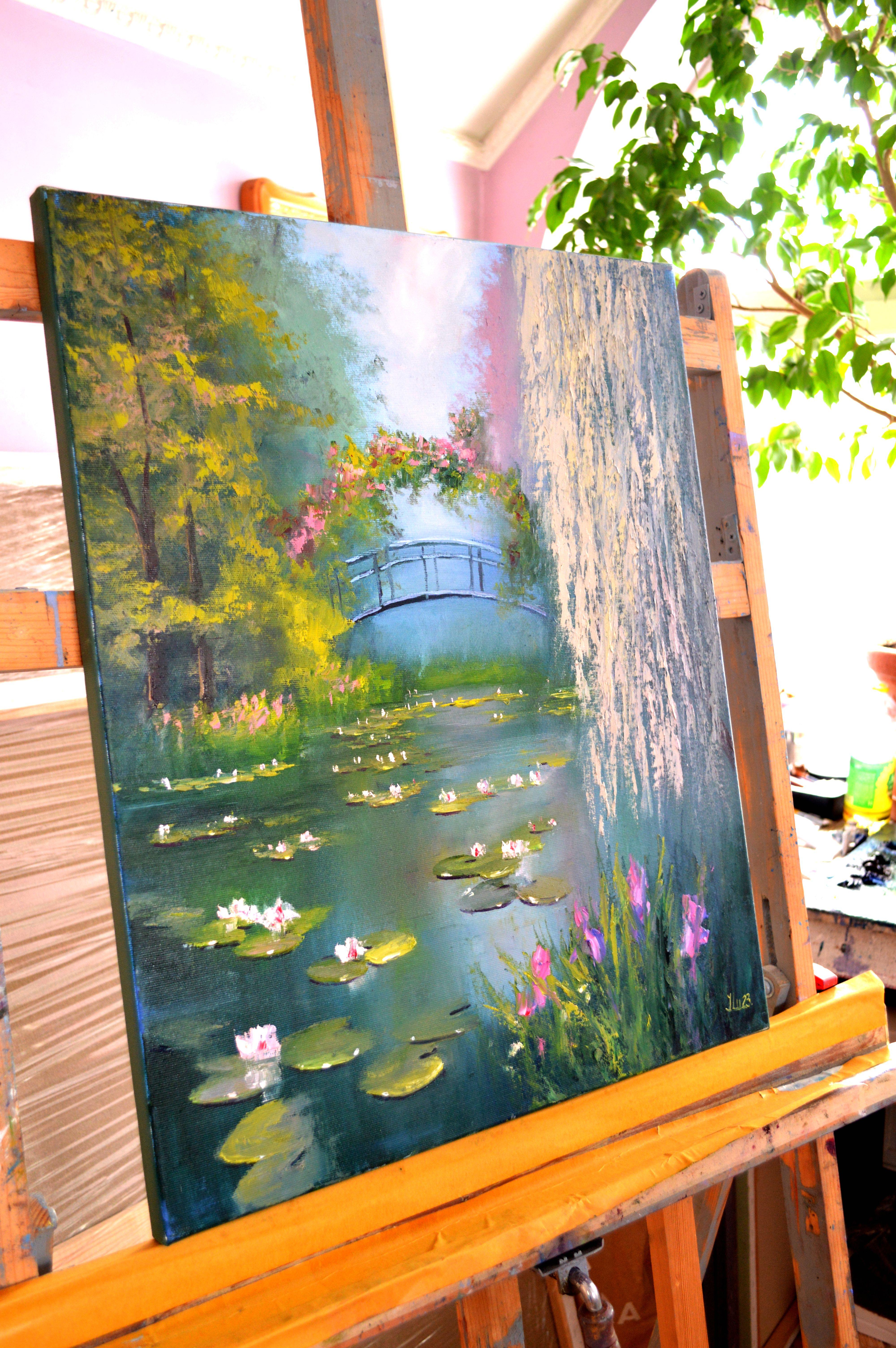Estanque en primavera 60X50 aceite. Lienzo Italia de Caravaggio. - Painting de Elena Lukina