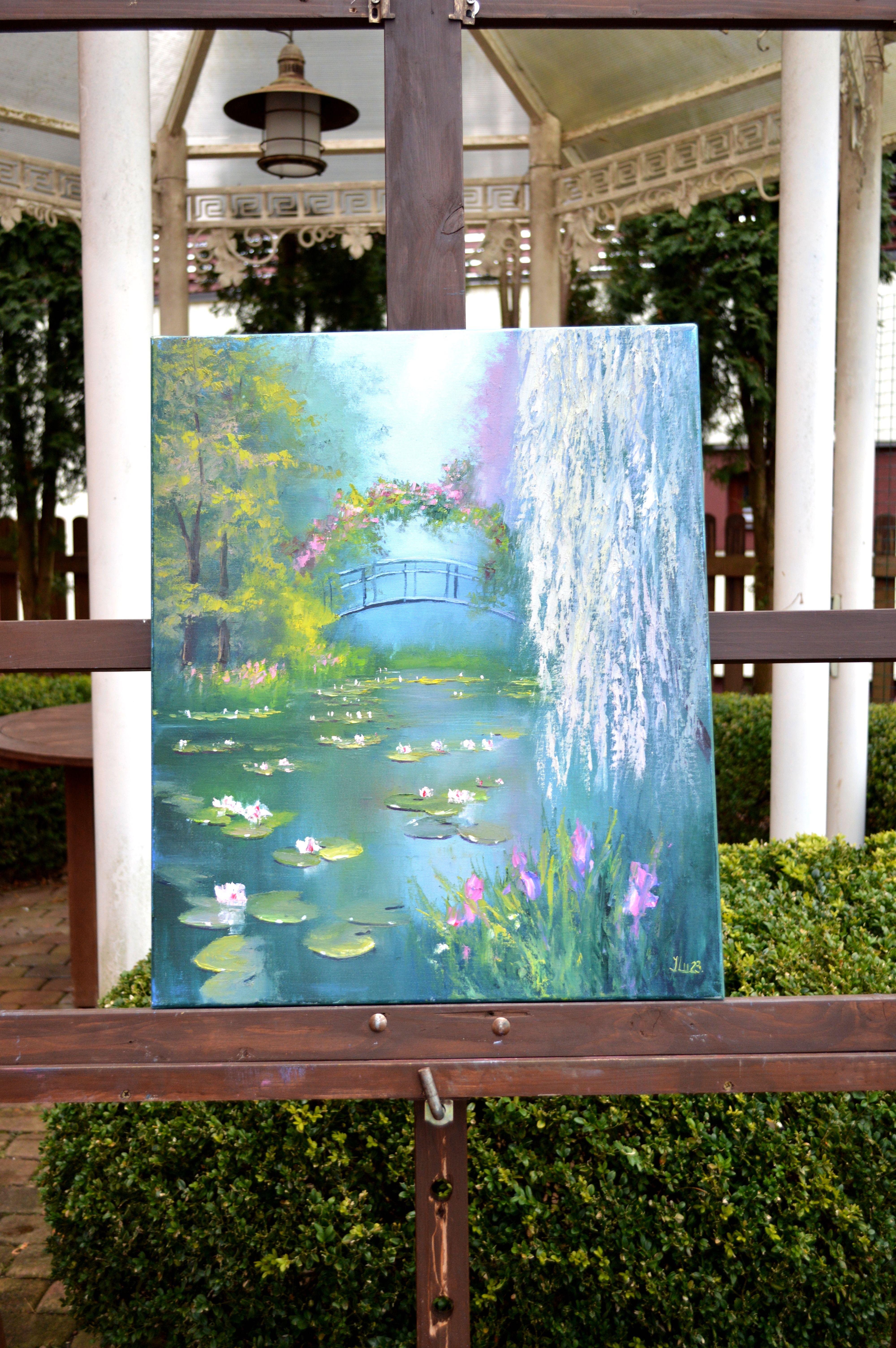 Teich in Frühling 60X50 Öl. Leinwand Italien von Caravaggio. (Grau), Landscape Painting, von Elena Lukina