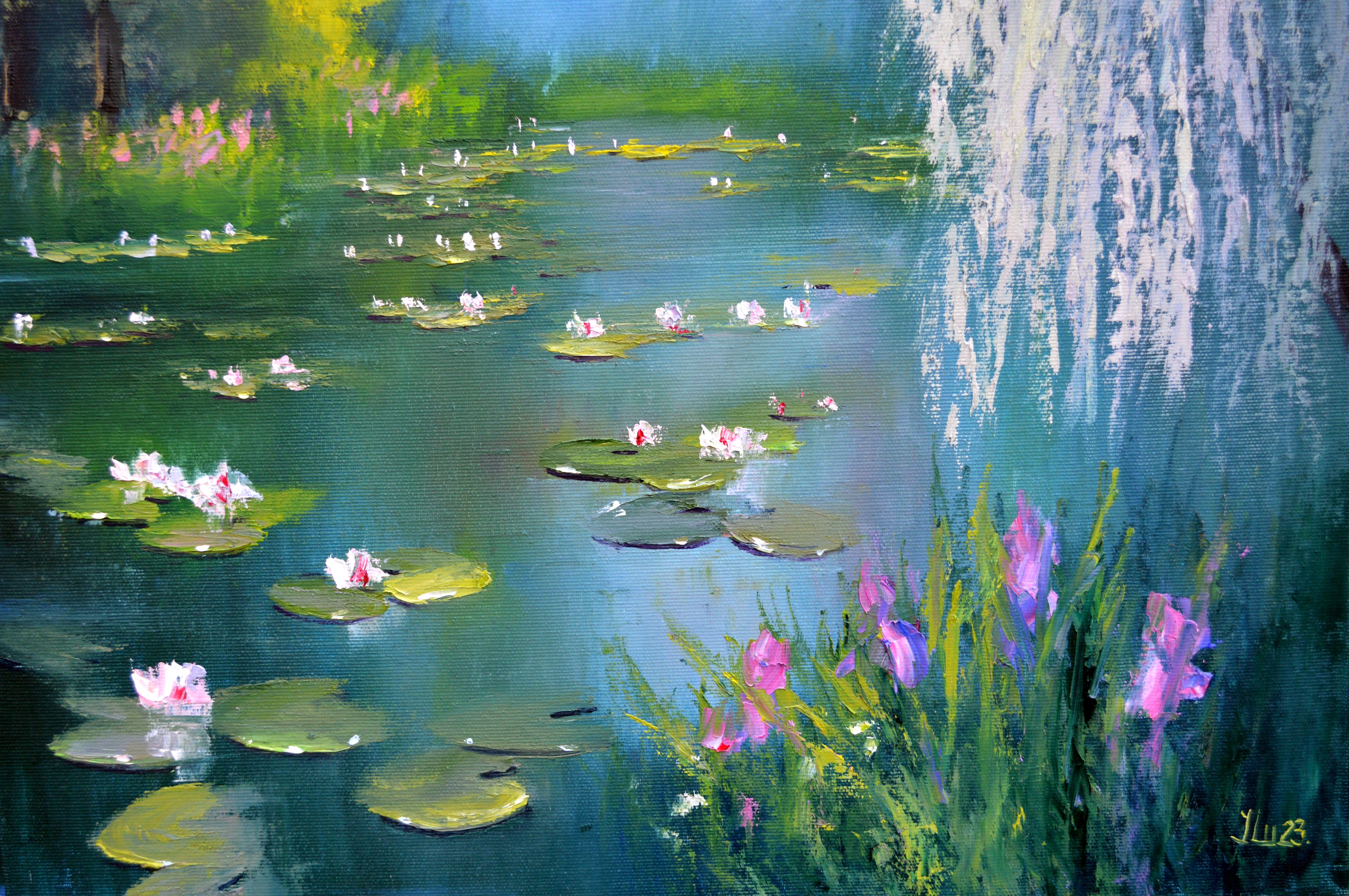 Estanque en primavera 60X50 aceite. Lienzo Italia de Caravaggio. en venta 3