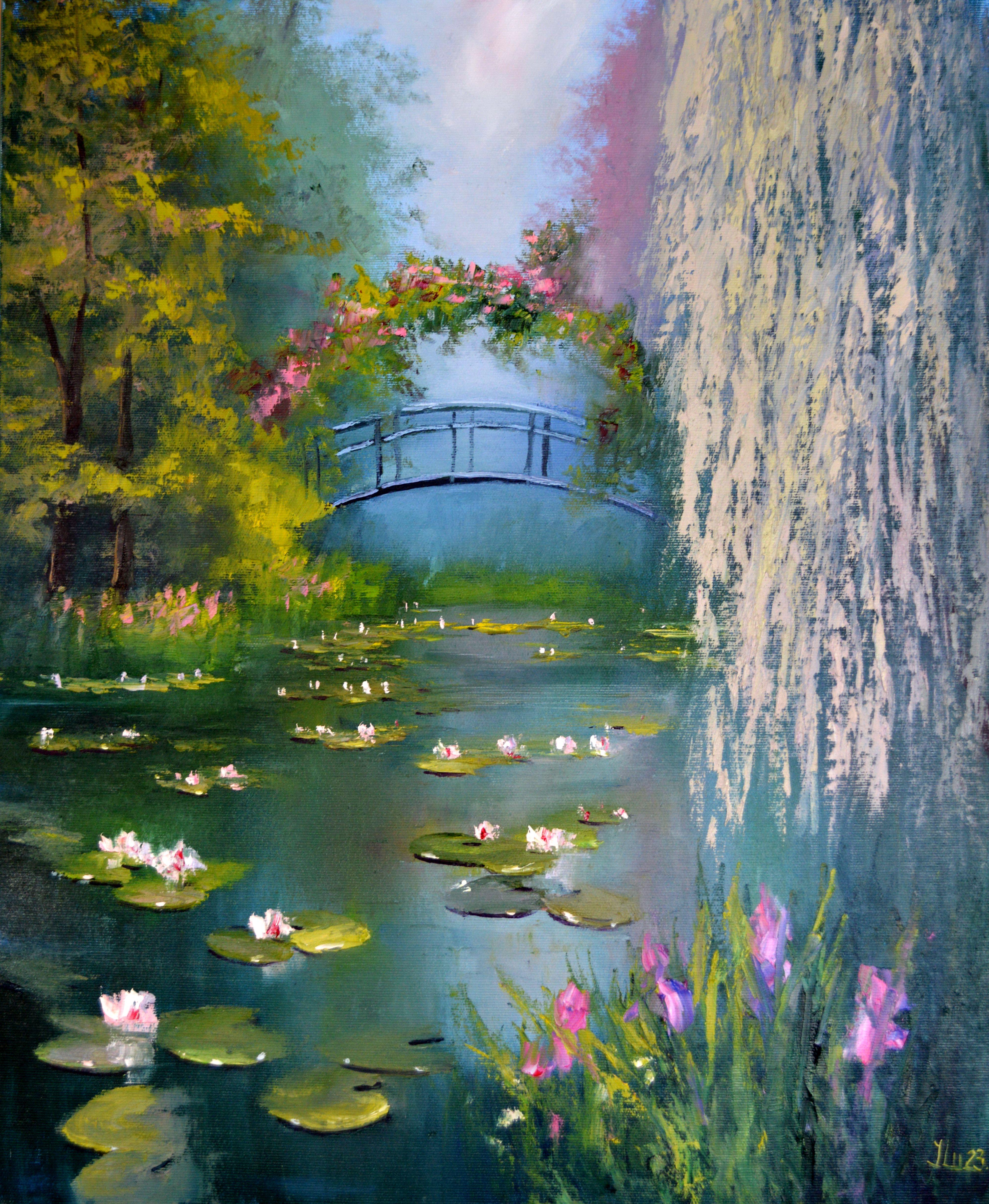 Elena Lukina Landscape Painting - Pond in spring 60X50 oil. Canvas Italy by Caravaggio.