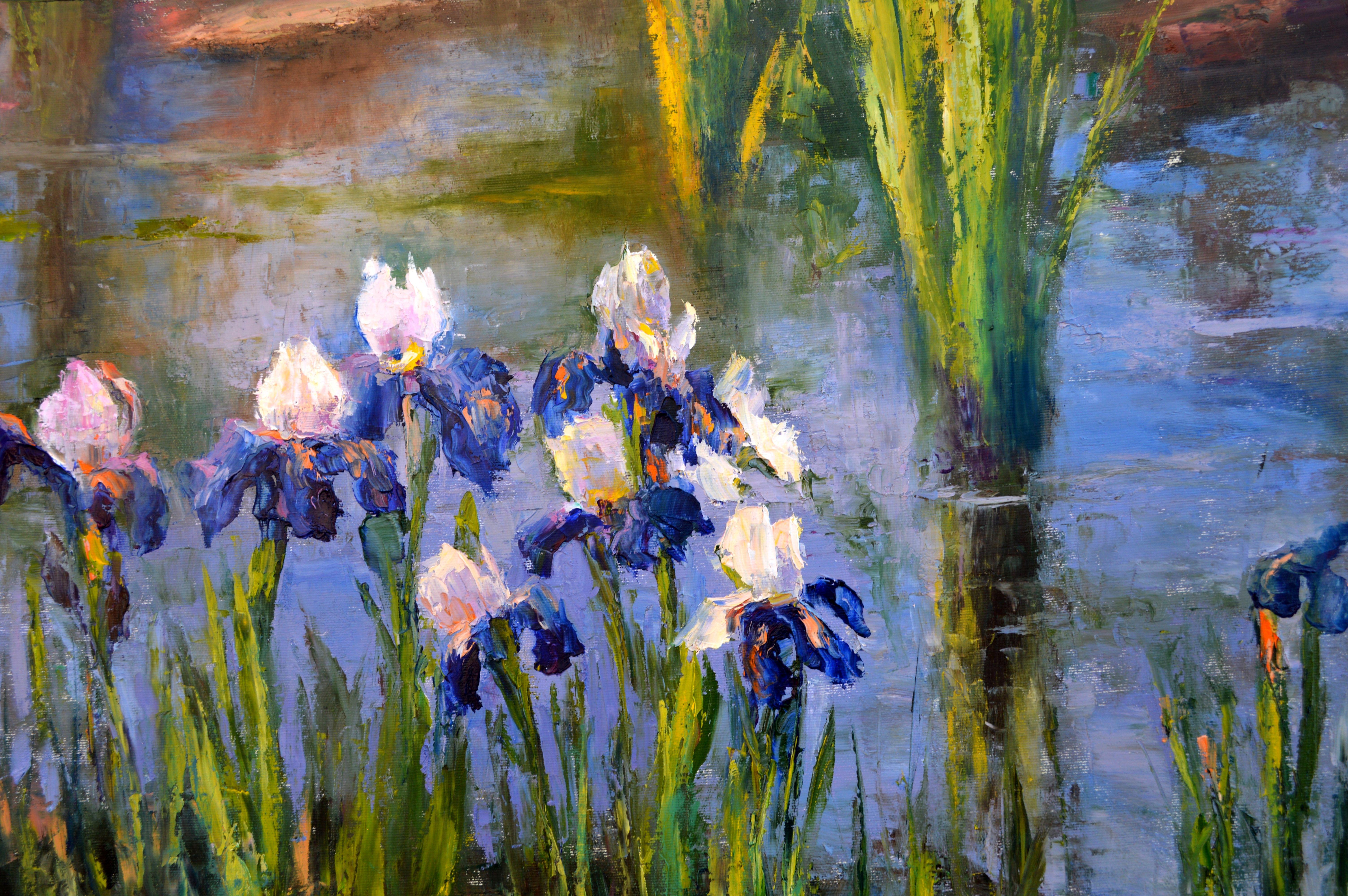 Pond with beautiful irises 60Х80 oil on canvas For Sale 11