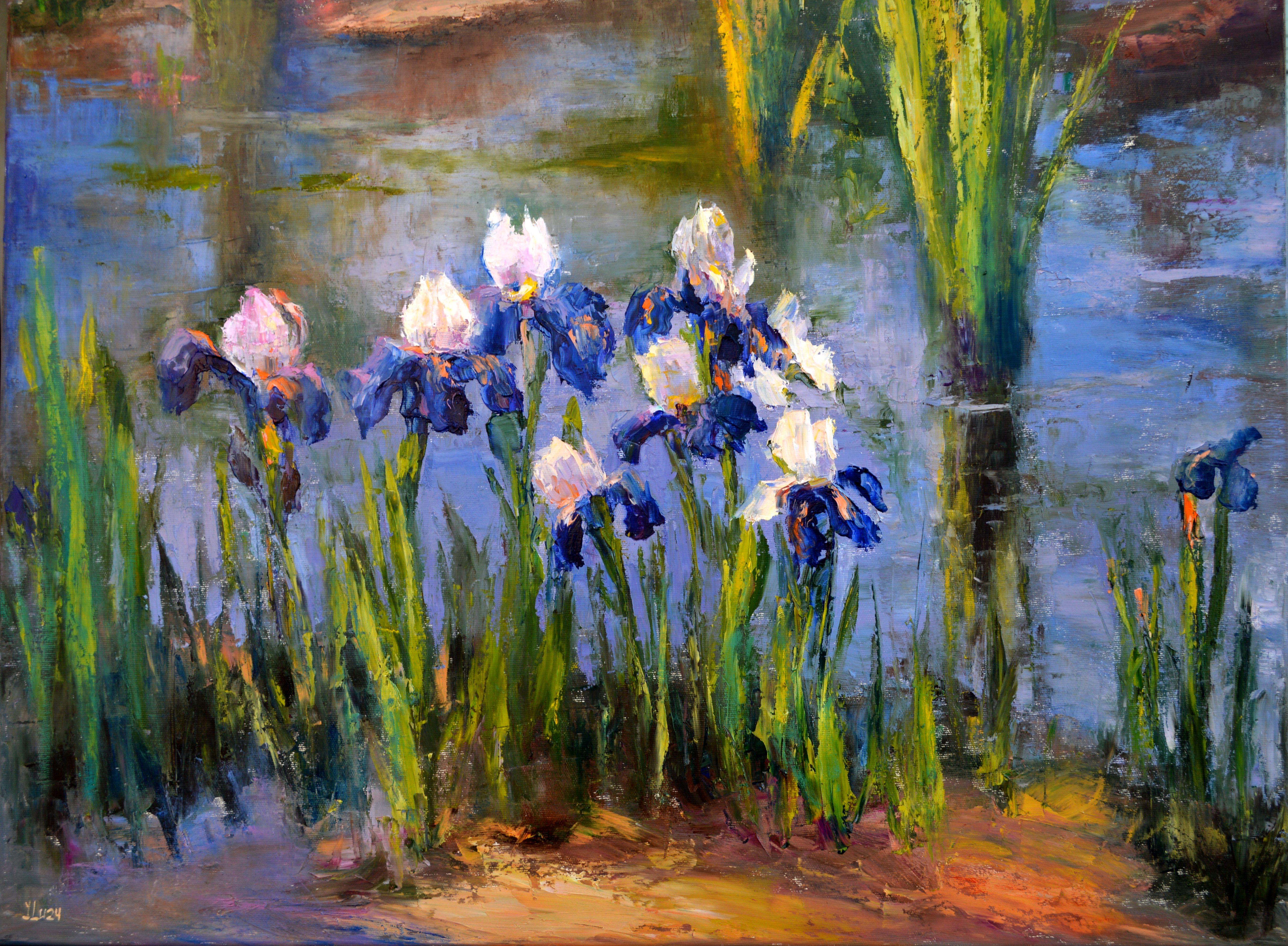 Elena Lukina Landscape Painting - Pond with beautiful irises 60Х80 oil on canvas